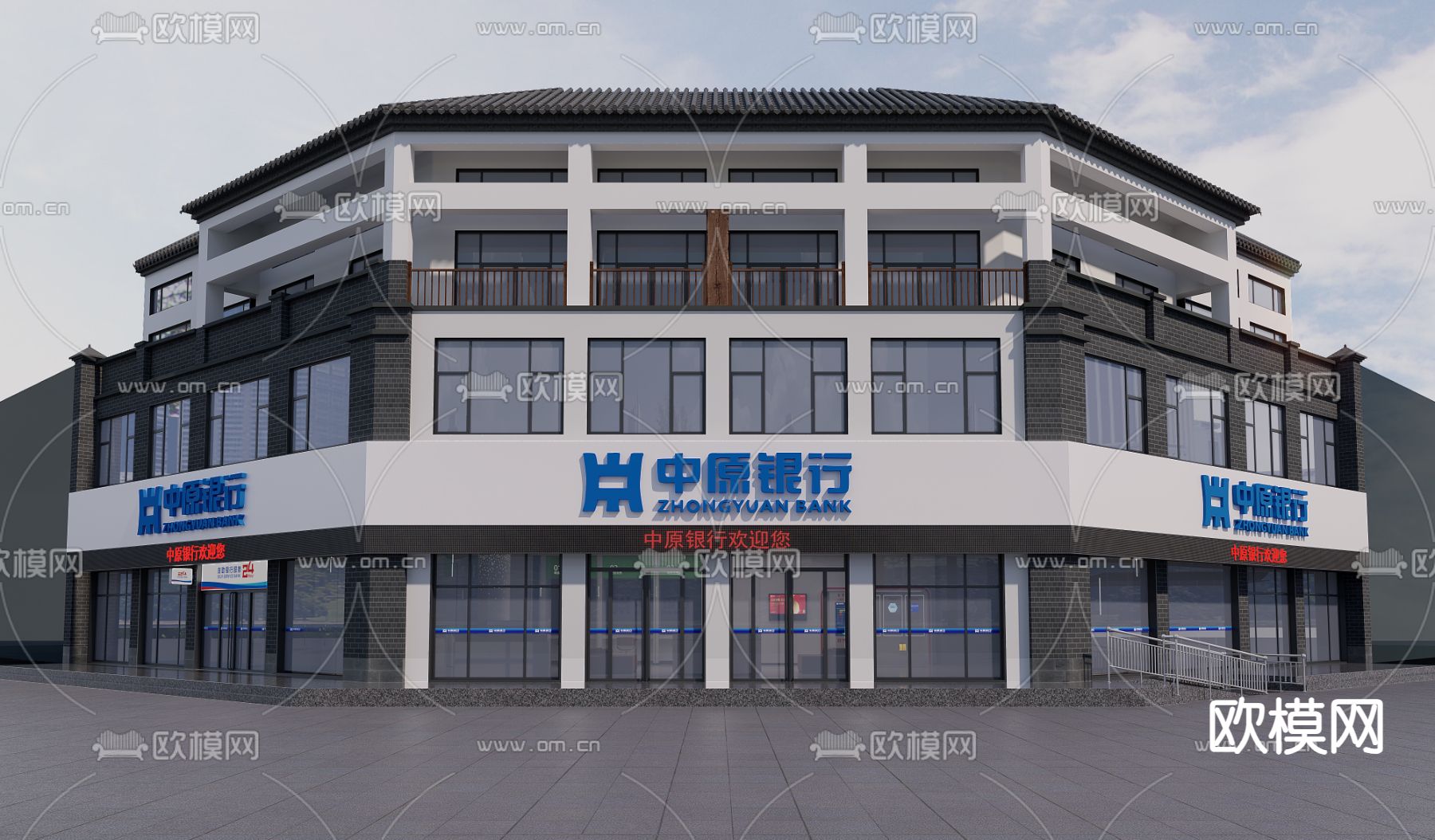 新中式 银行外观3d模型下载