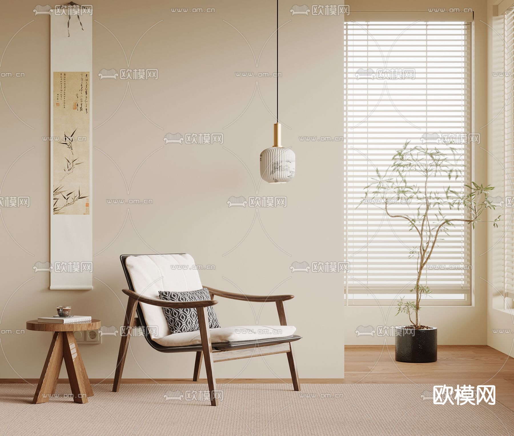 侘寂风休闲椅su模型下载（渲染图2）