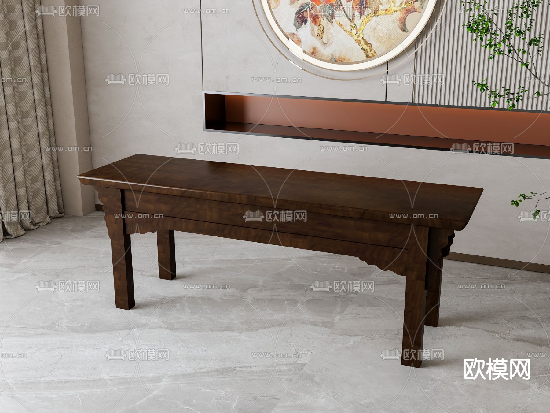新中式实木长凳su模型下载（渲染图2）