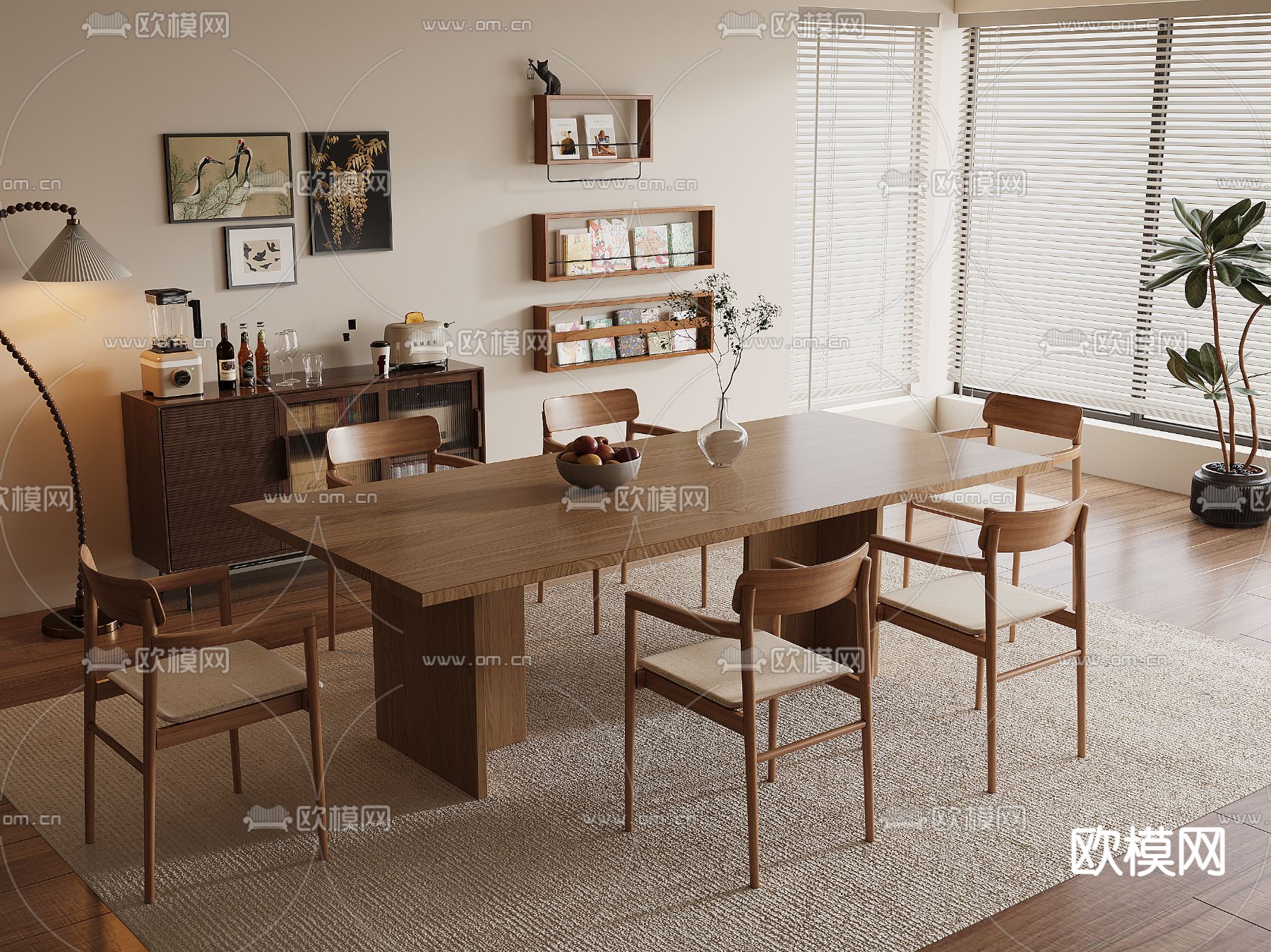 中古风餐桌椅 条形餐桌3d模型下载（渲染图2）