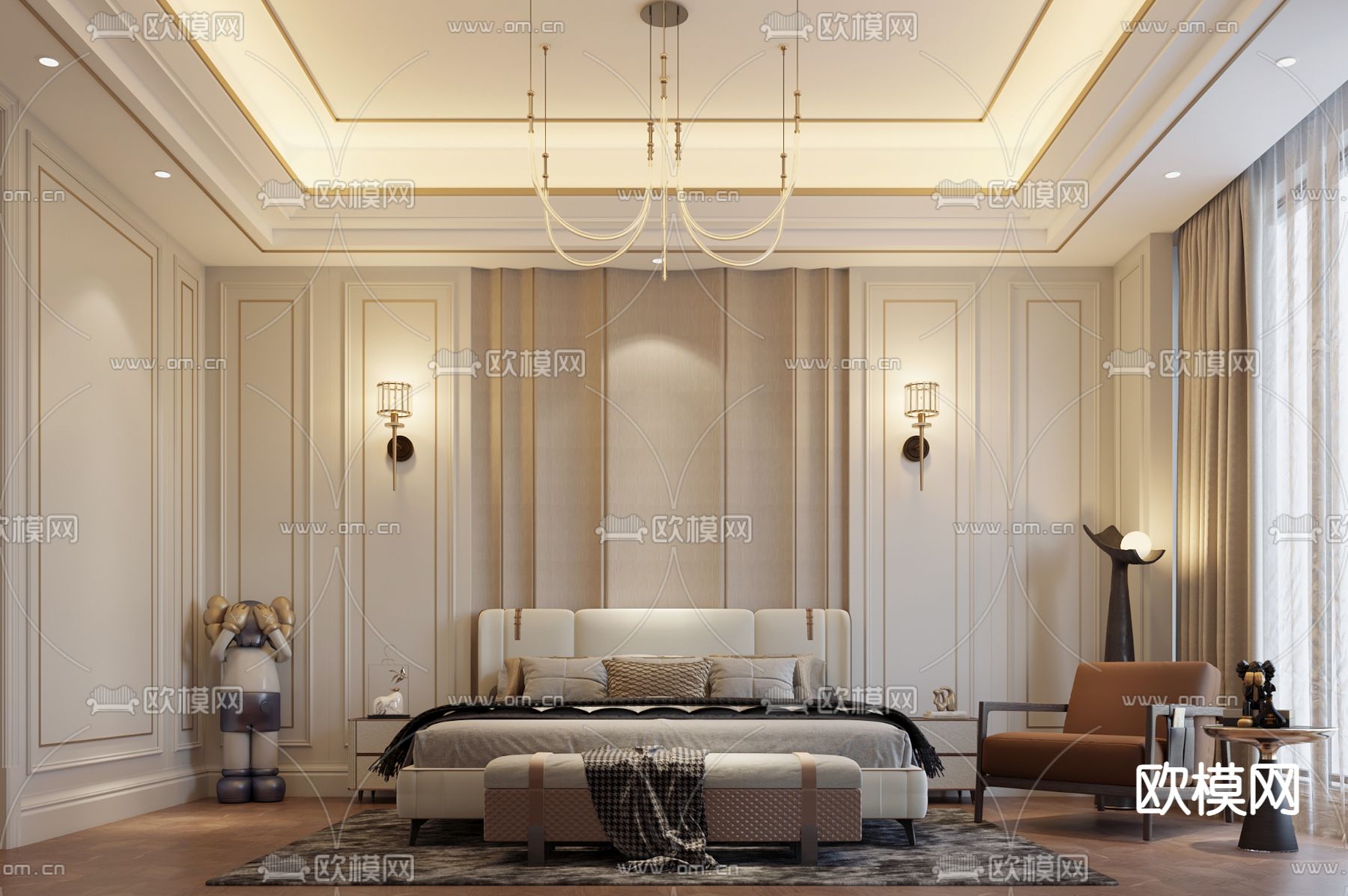 奶油风卧室 主卧 主人房3d模型下载（渲染图1）