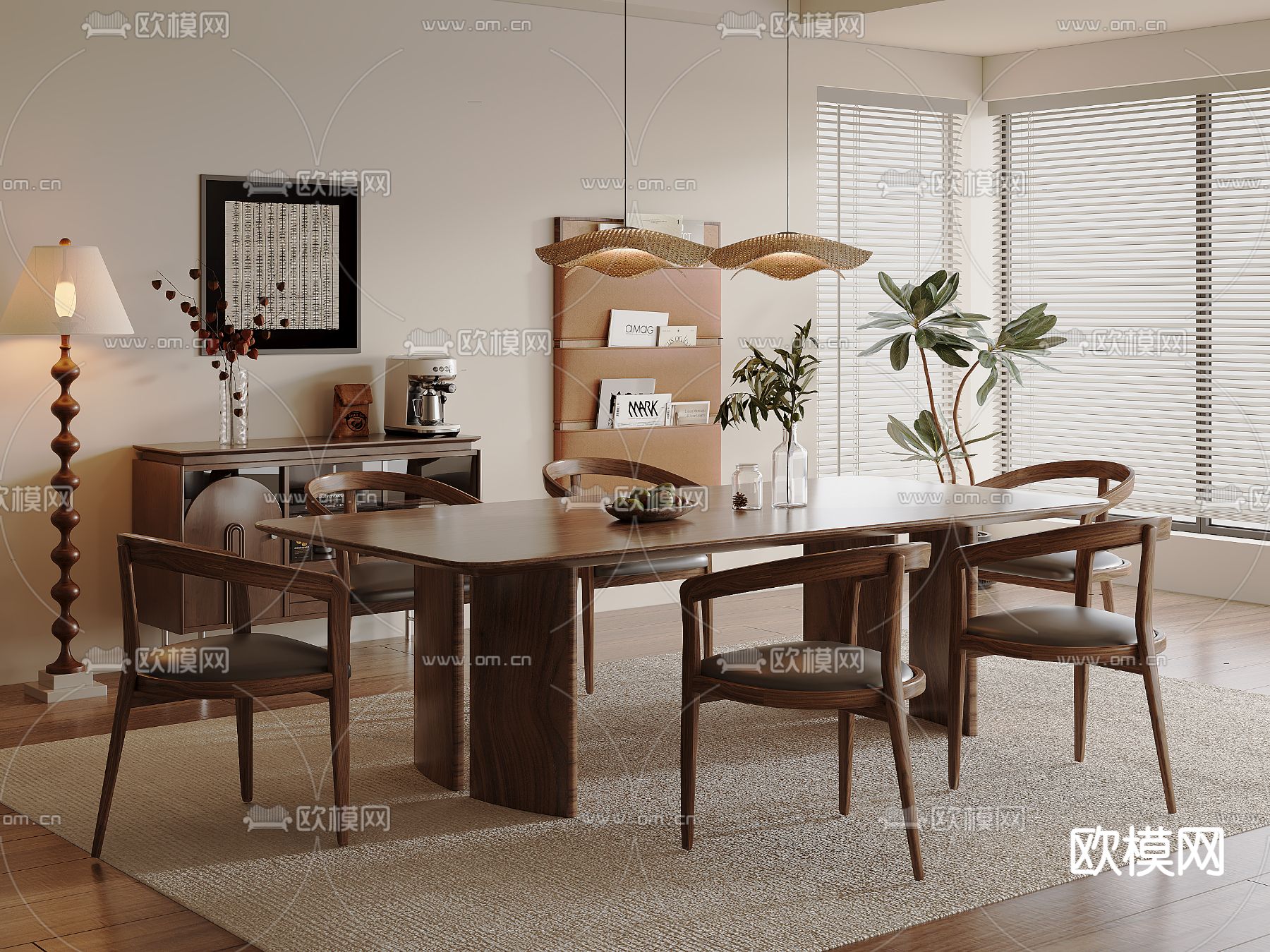 中古风餐桌椅 条形餐桌3d模型下载（渲染图1）