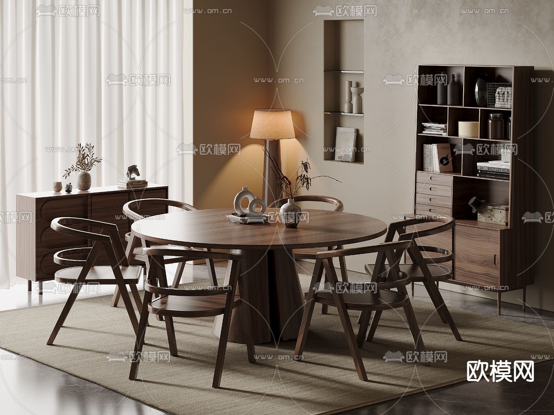 侘寂餐桌椅 圆餐桌3d模型下载（渲染图1）