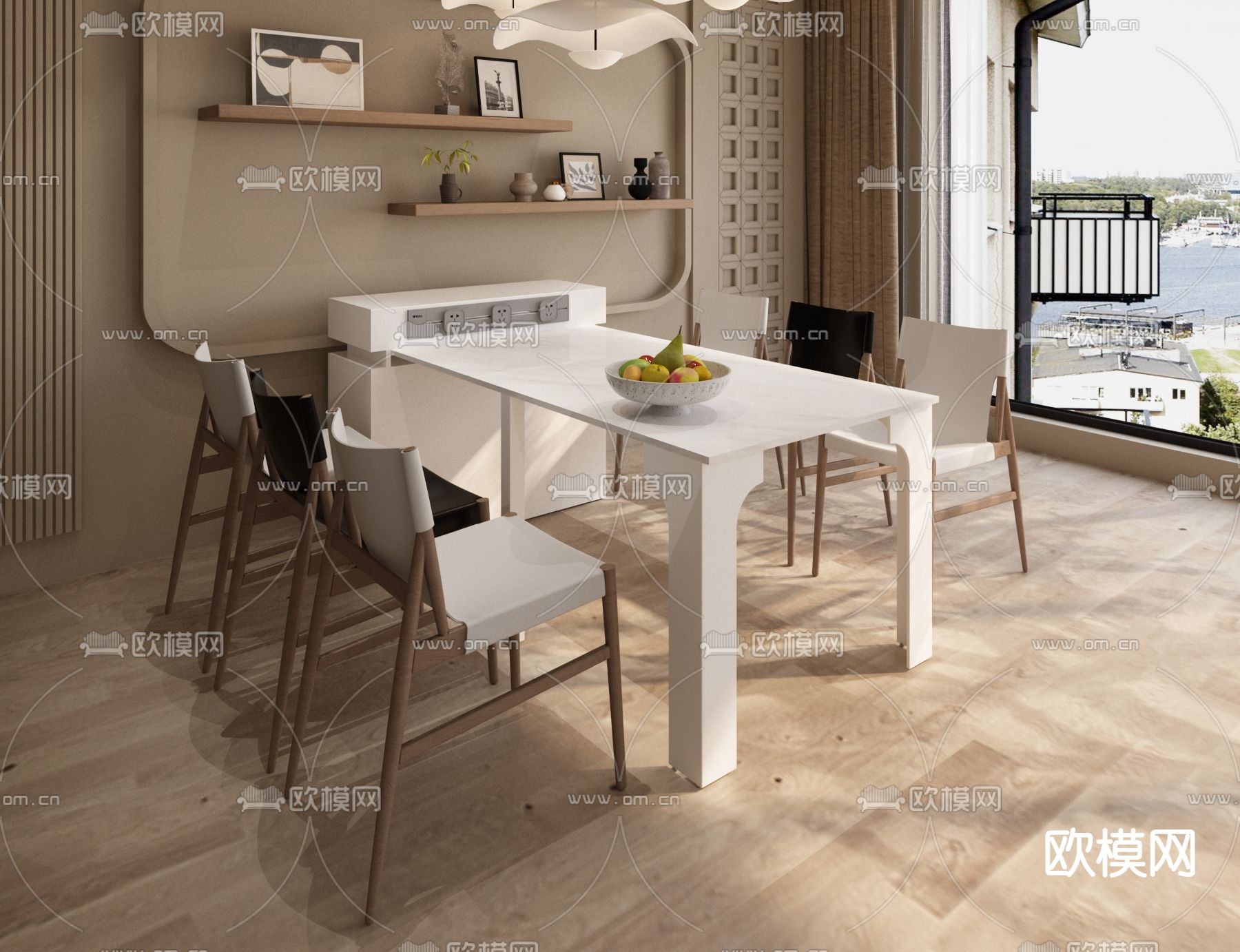 现代餐桌椅 半岛柜 延长餐桌3d模型下载（渲染图1）