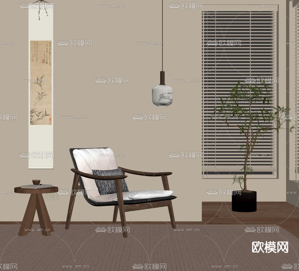 侘寂风休闲椅su模型下载（渲染图1）