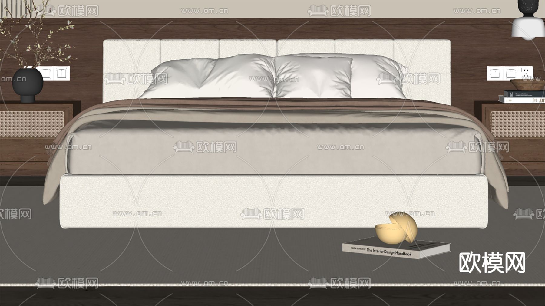 中古风双人床su模型下载（渲染图1）