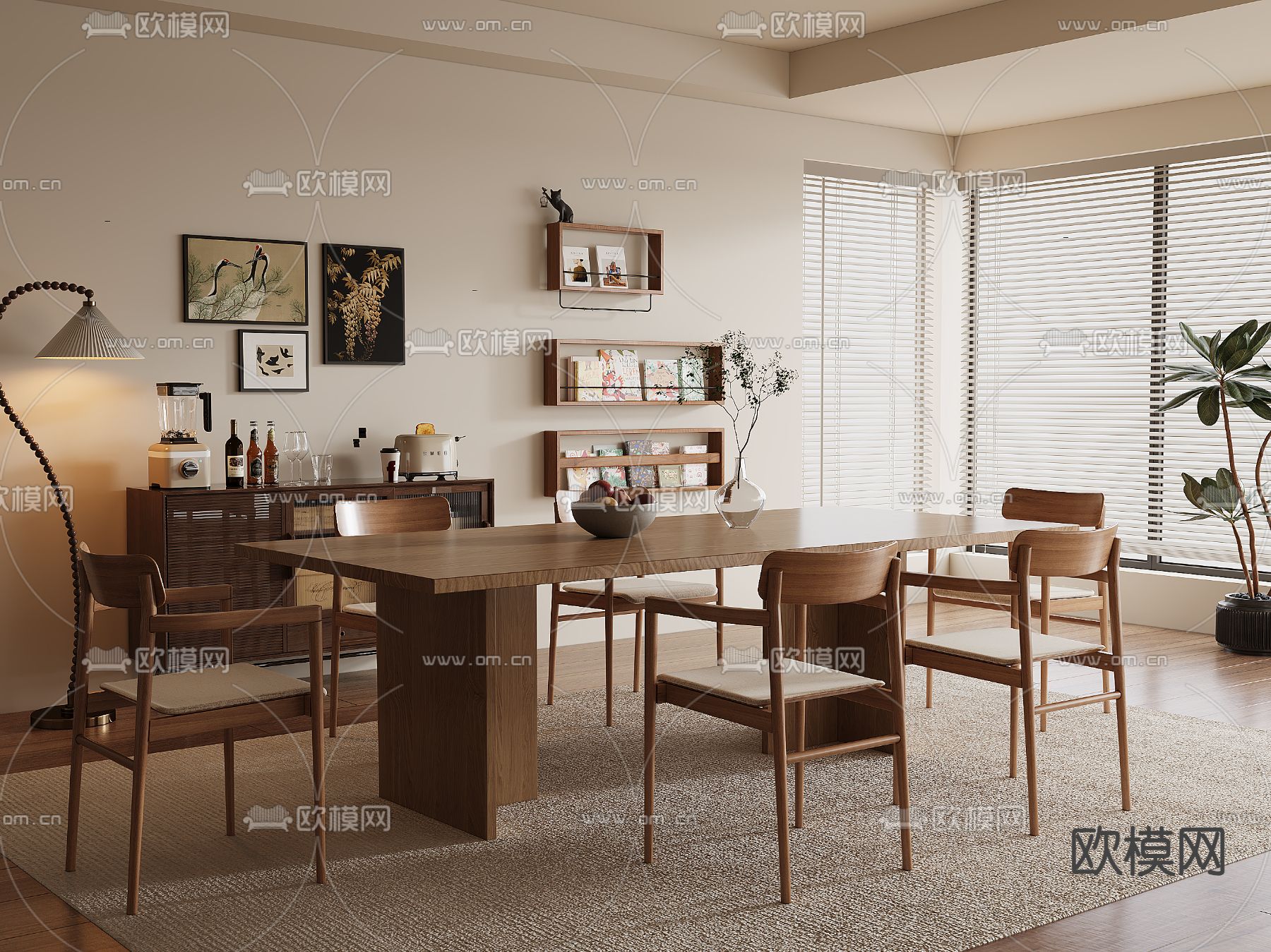 中古风餐桌椅 条形餐桌3d模型下载（渲染图1）