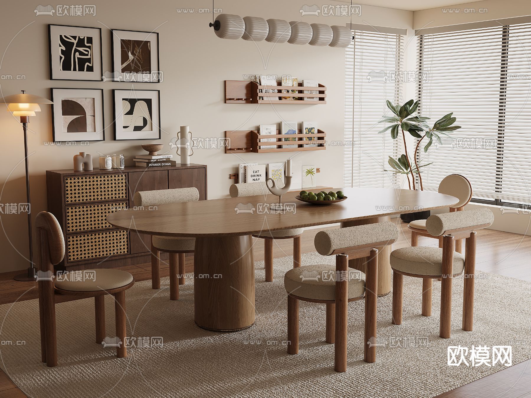 中古风餐桌椅 椭圆餐桌3d模型下载（渲染图1）