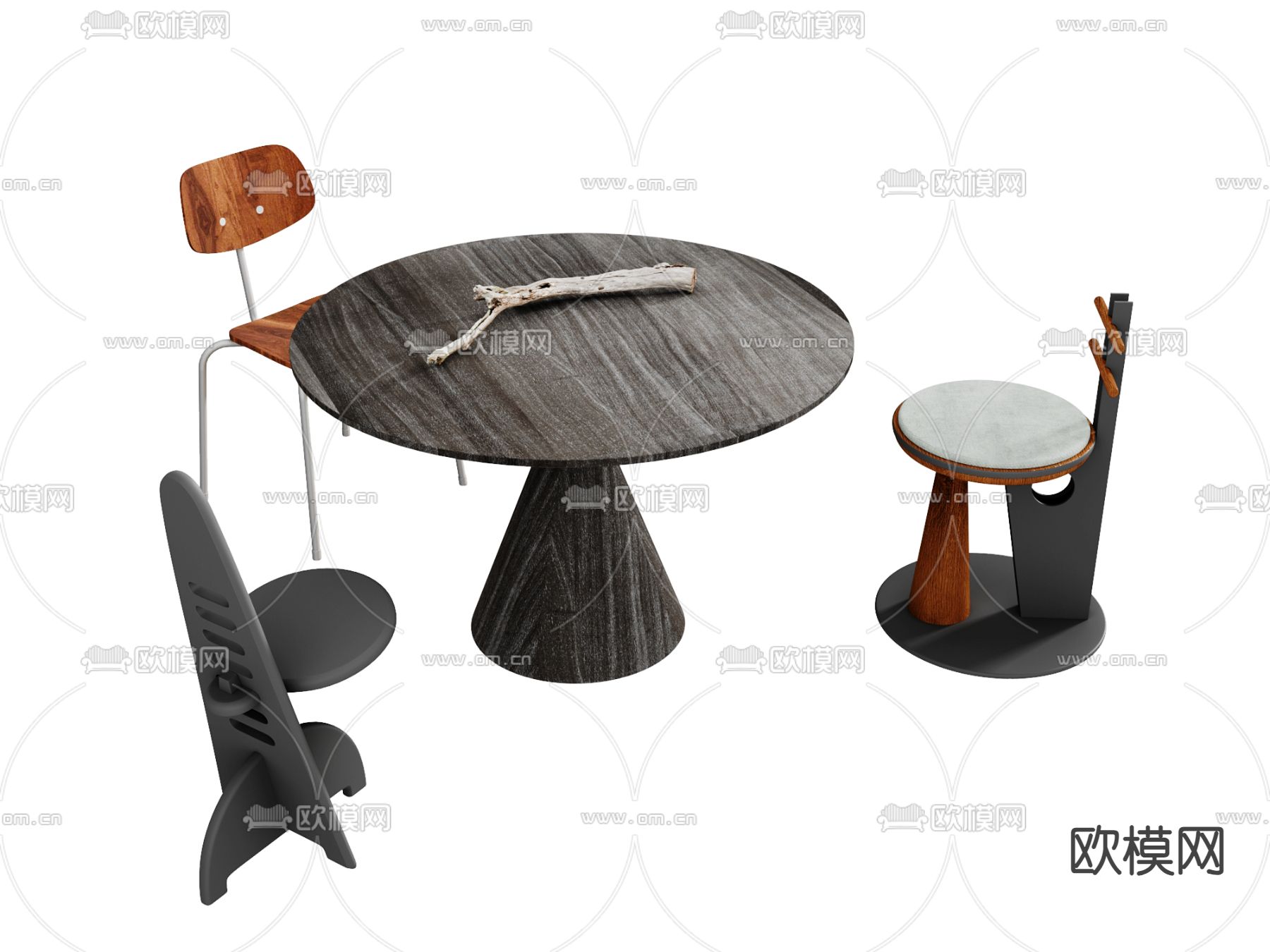 中古风餐桌椅 圆餐桌3d模型下载