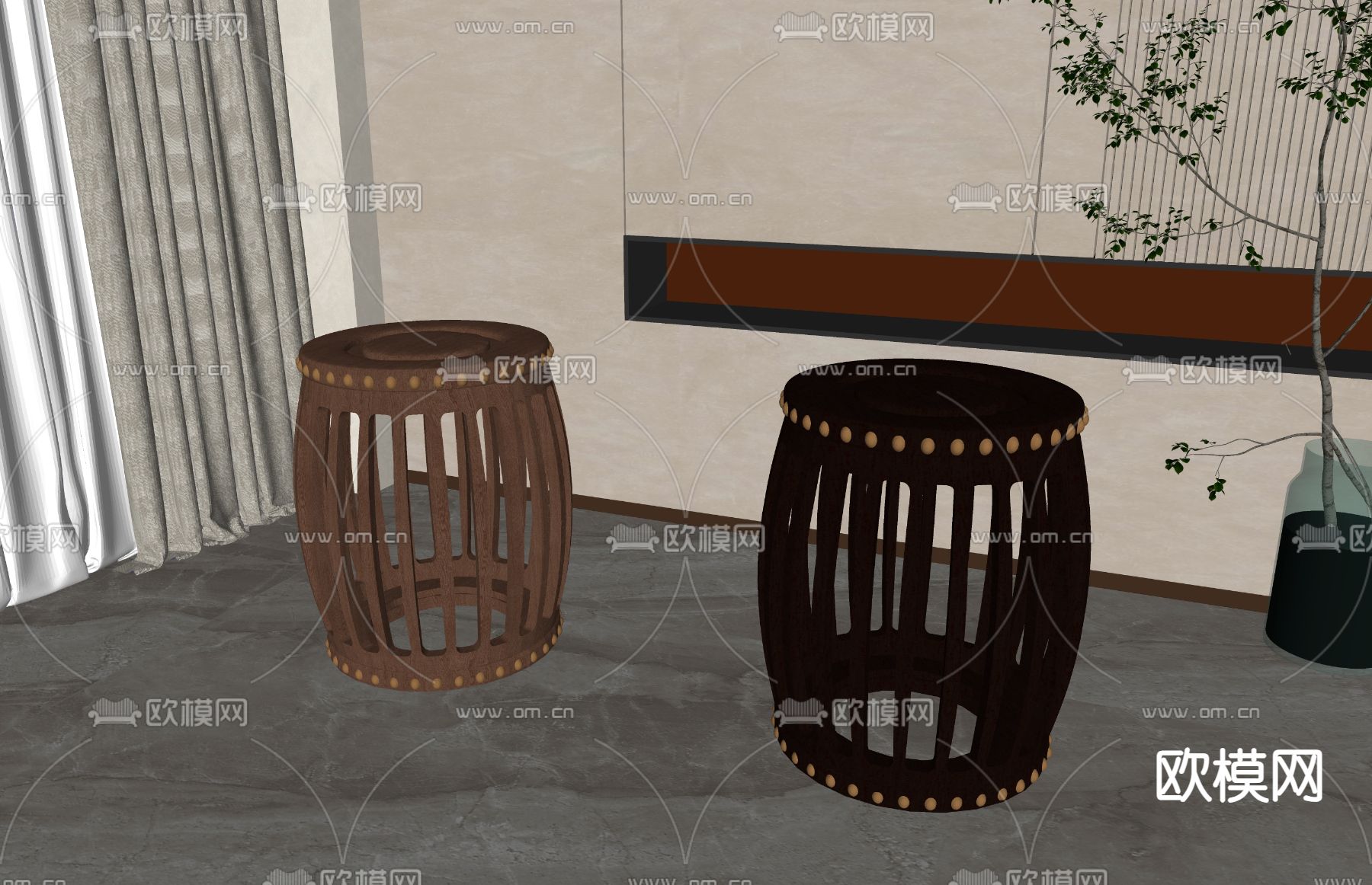 新中式圆凳 茶凳su模型下载（渲染图1）