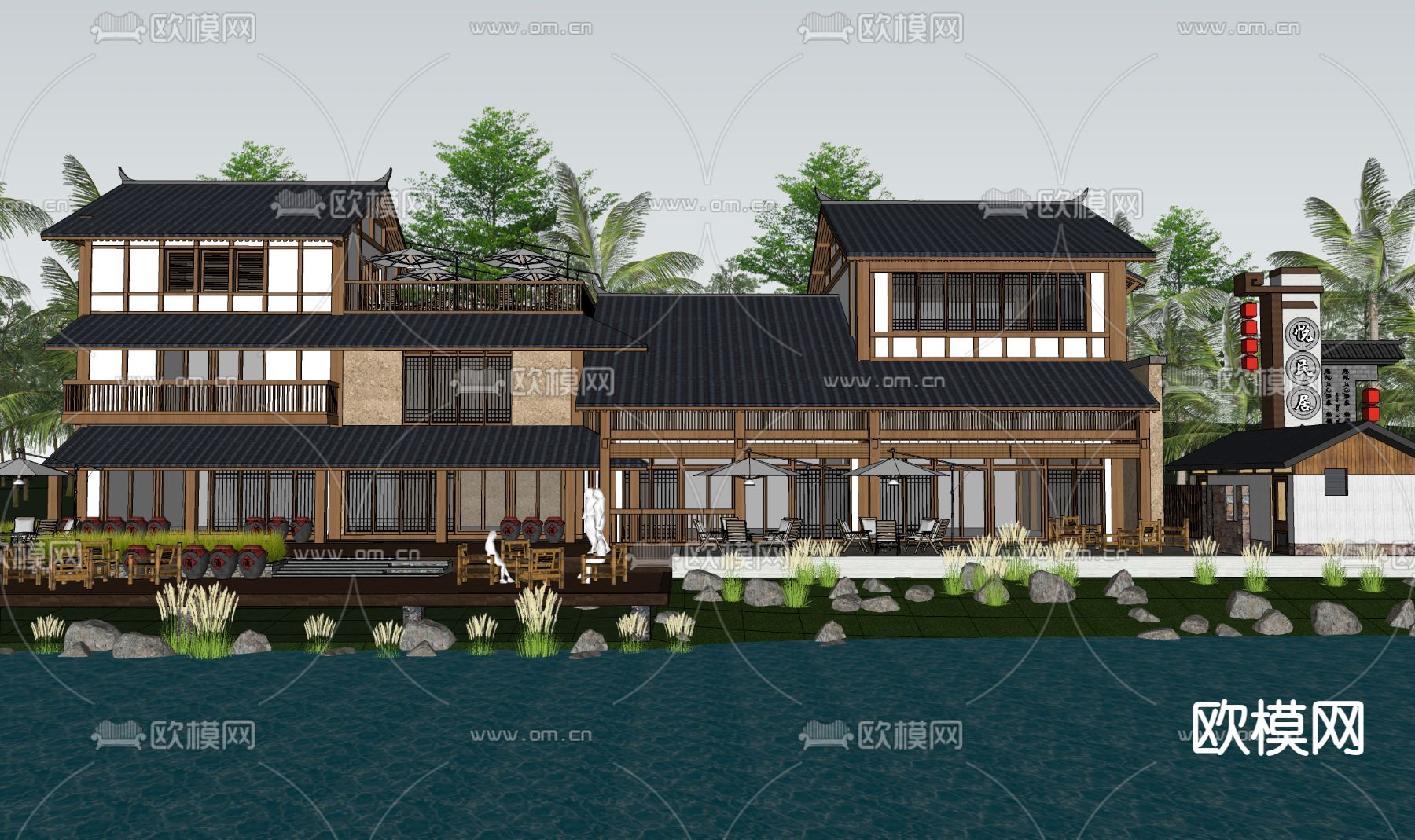 新中式民宿建筑su模型下载（渲染图2）