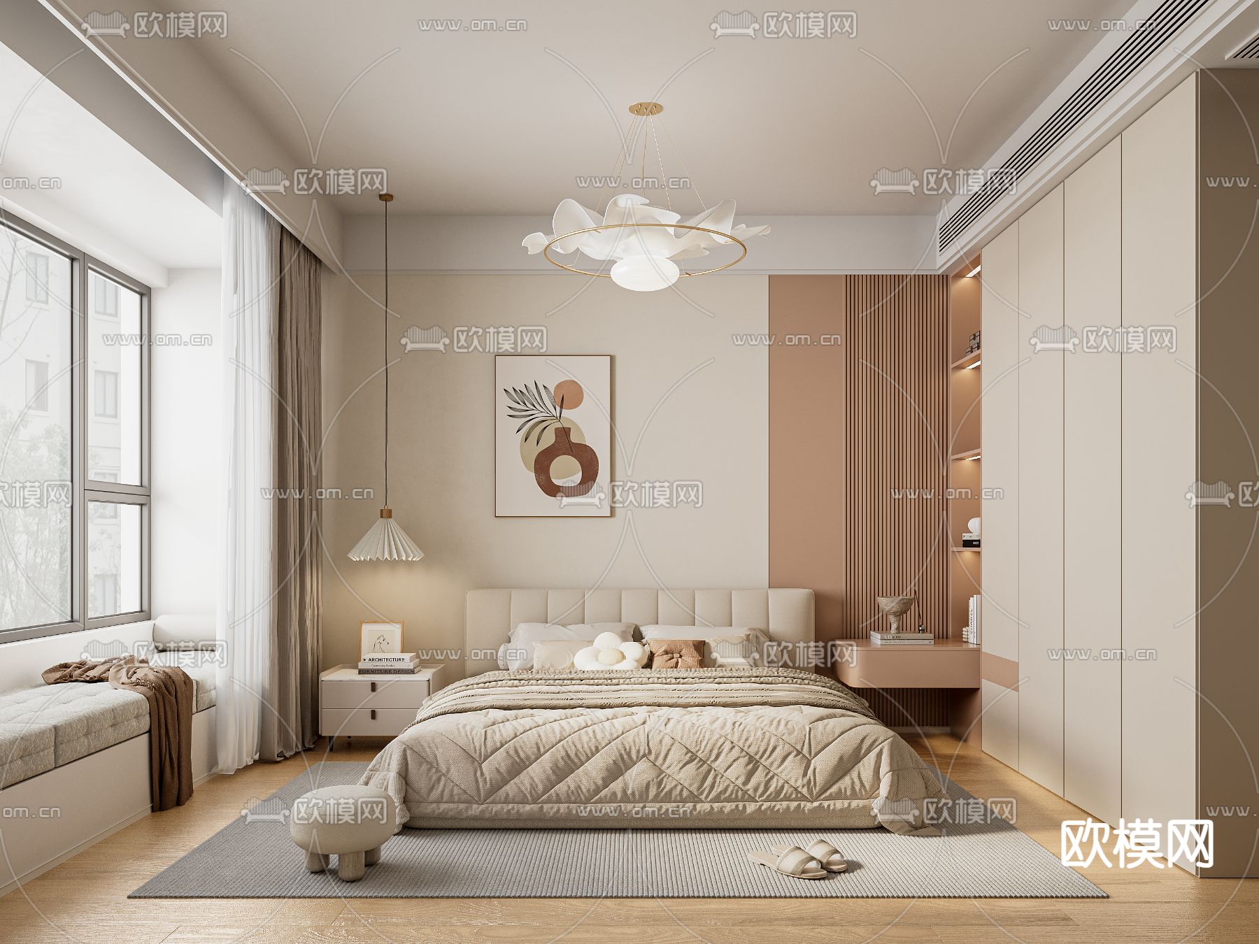 奶油风卧室  主人房 主卧3d模型下载