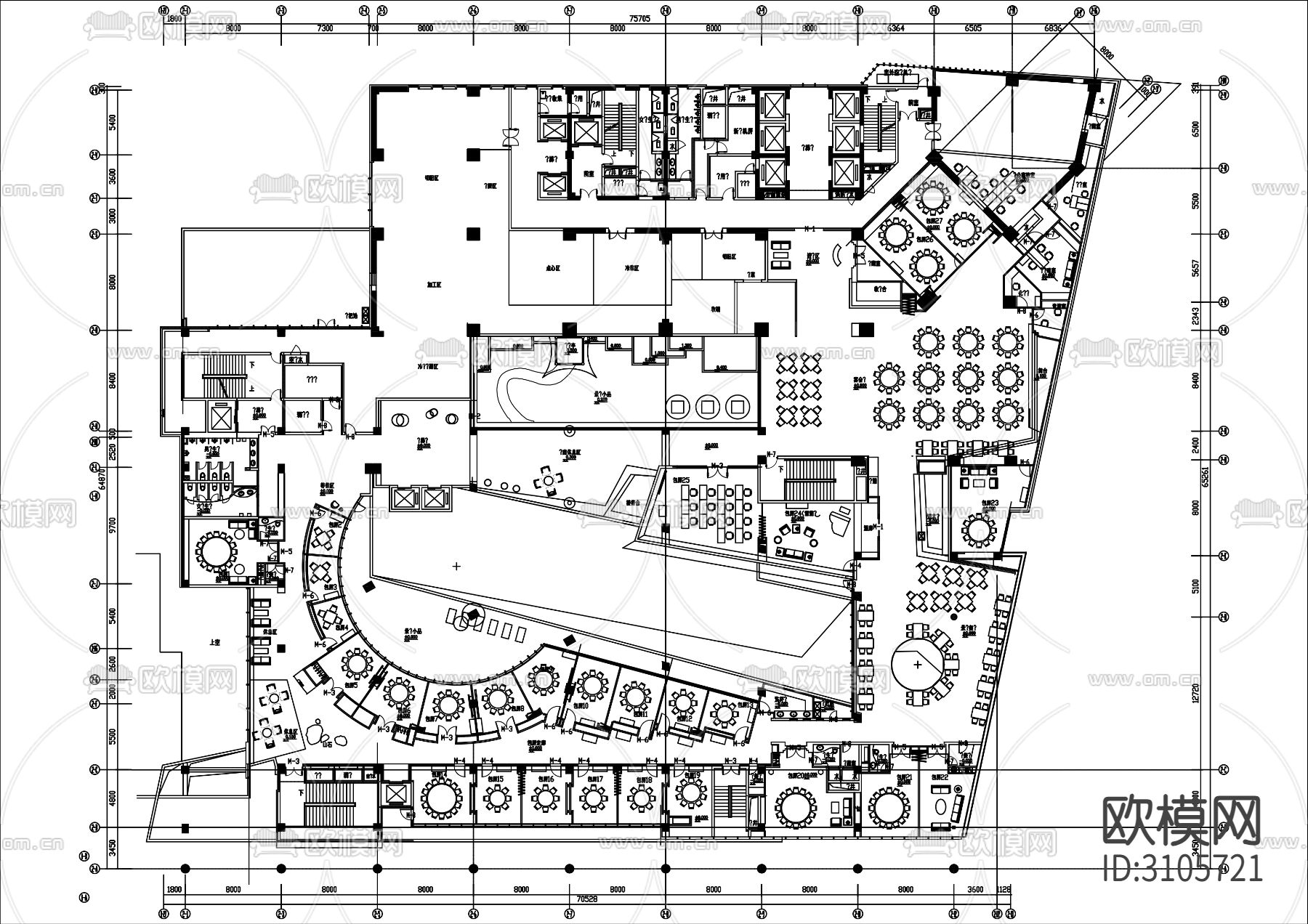 3000㎡中式火锅店cad平面图下载（渲染图1）