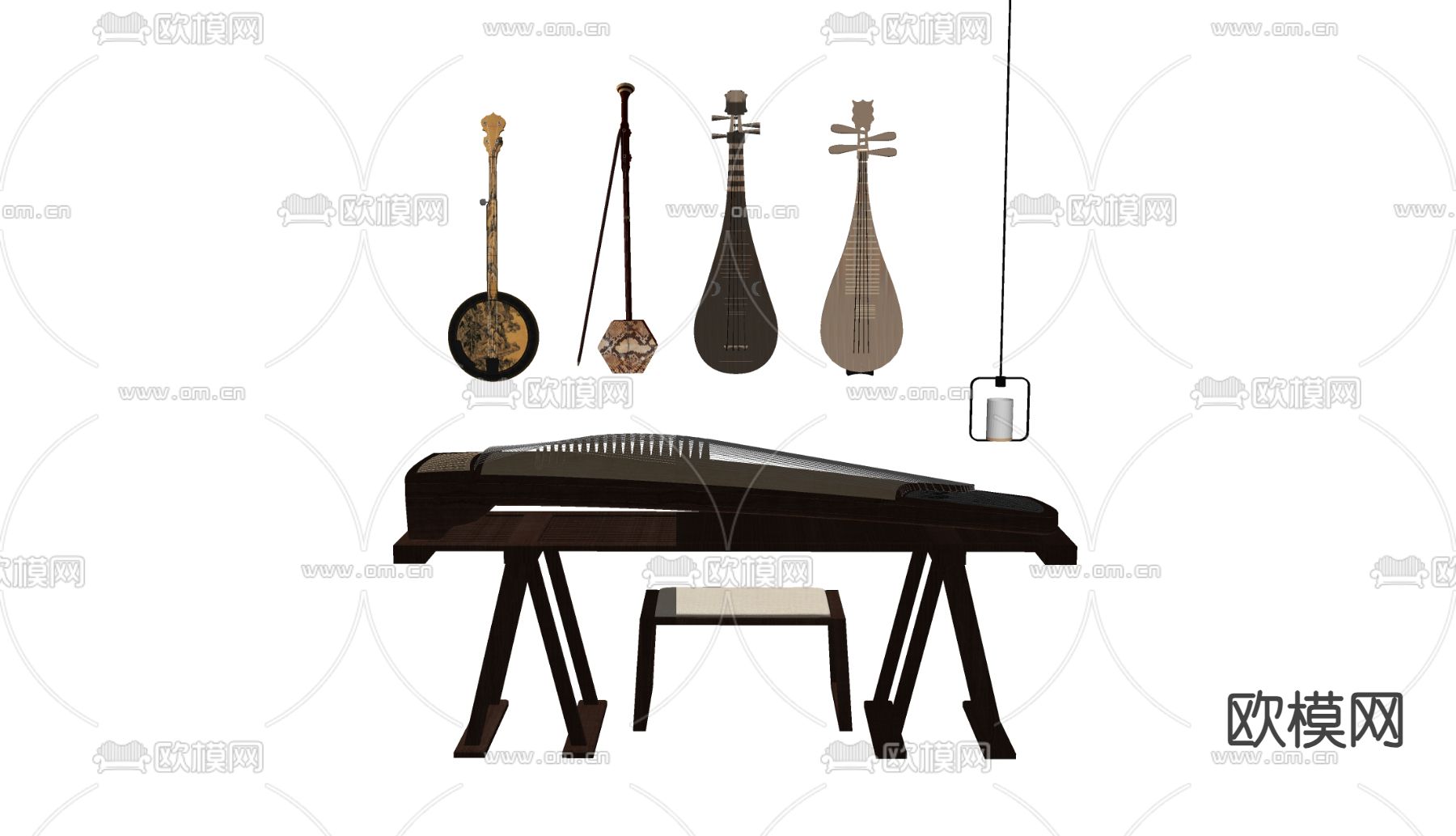 新中式古筝 琵琶 吊灯 古琴 传统乐器su模型下载（渲染图1）