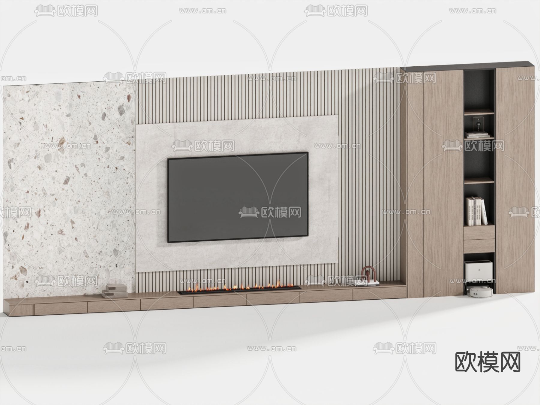 奶油风电视背景墙su模型下载（渲染图2）