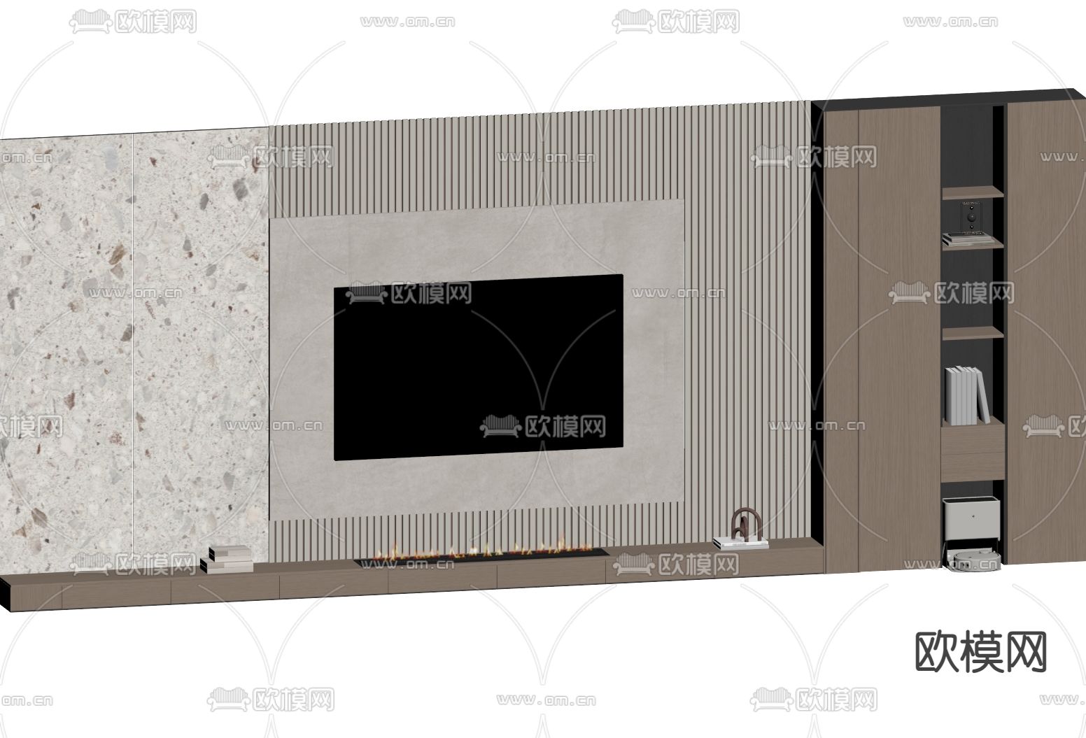奶油风电视背景墙su模型下载（渲染图1）