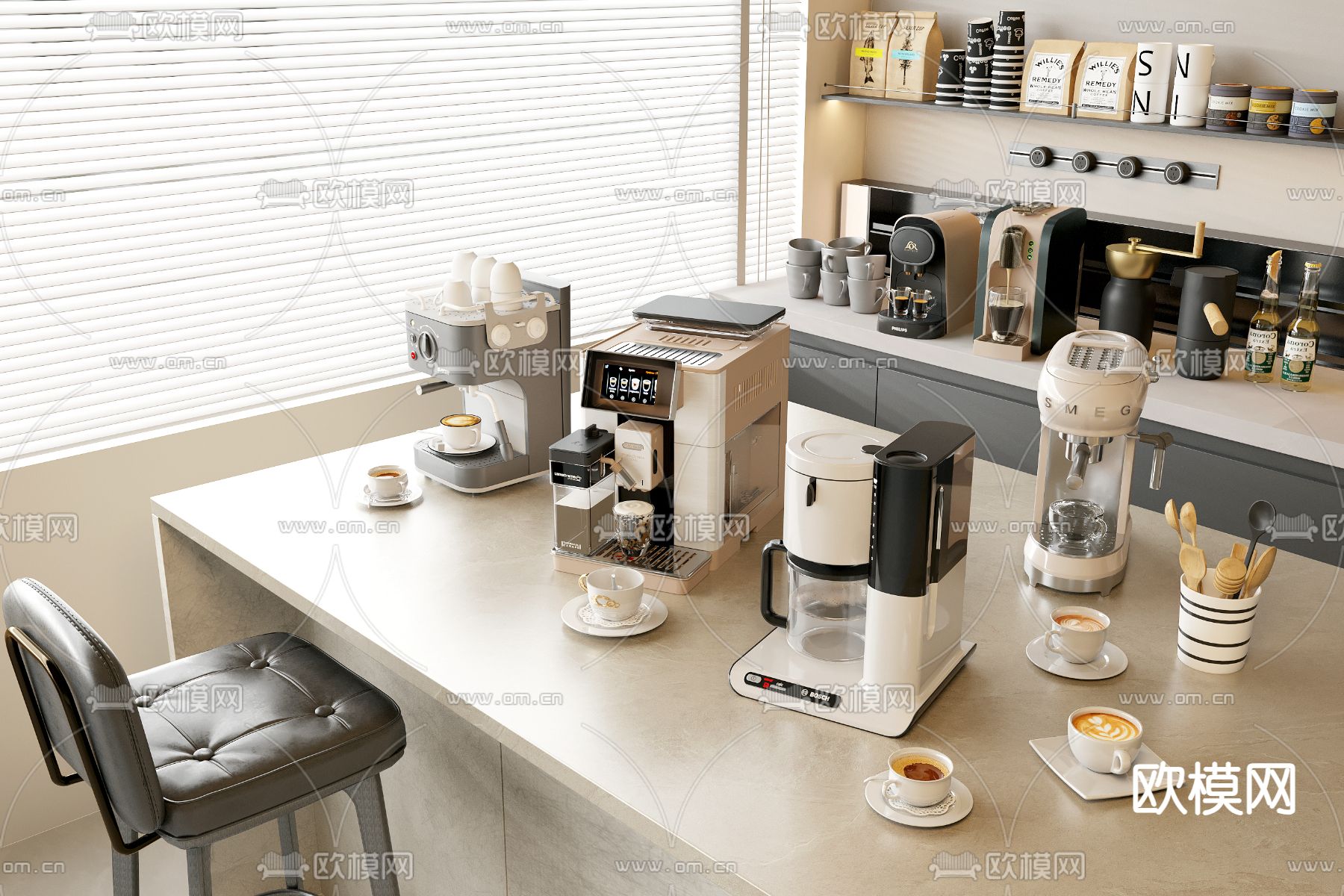 咖啡机 磨豆机 饮水机 咖啡杯 袋装咖啡豆3d模型下载