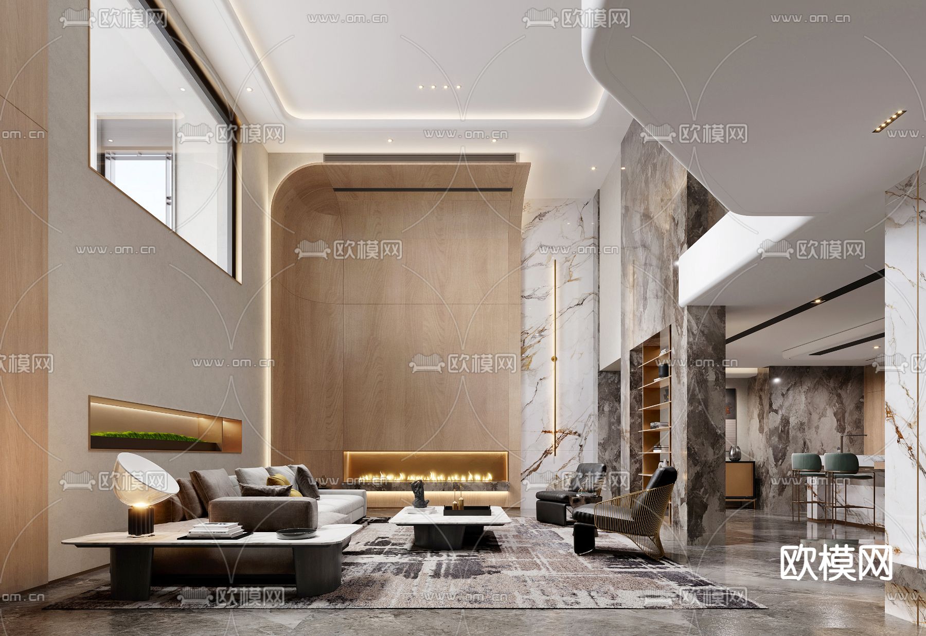 现代别墅客厅 别墅大堂3d模型下载（渲染图2）