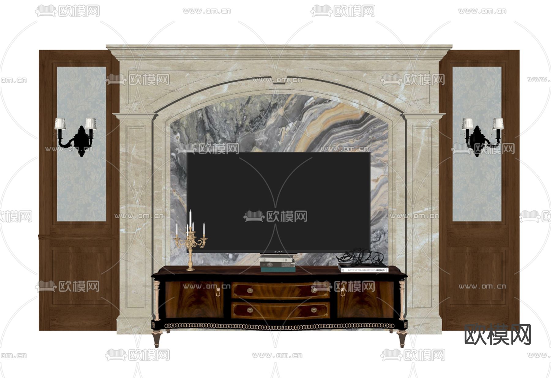 美式电视背景墙su模型下载（渲染图1）