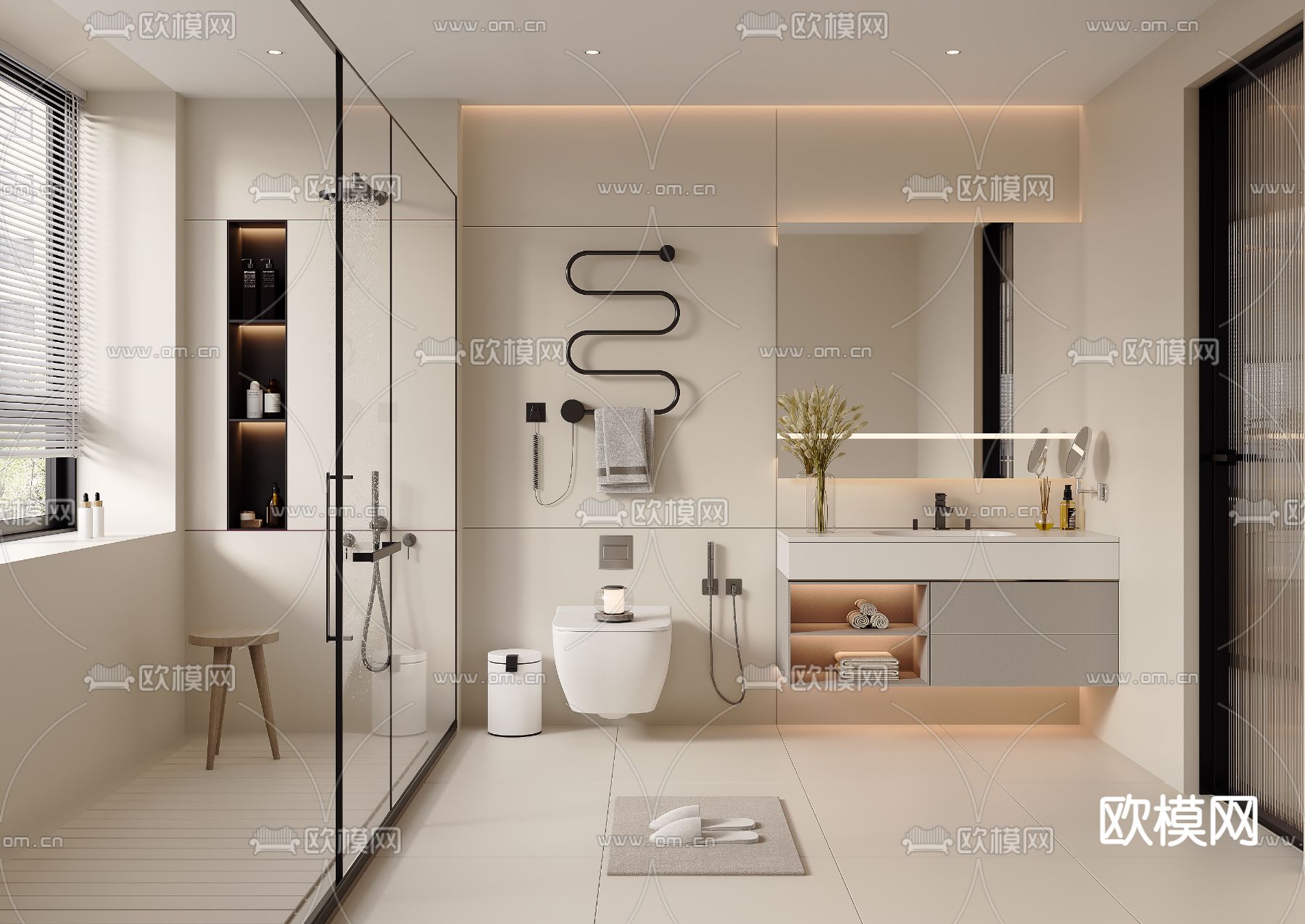 奶油风卫生间 浴室su模型下载（渲染图2）
