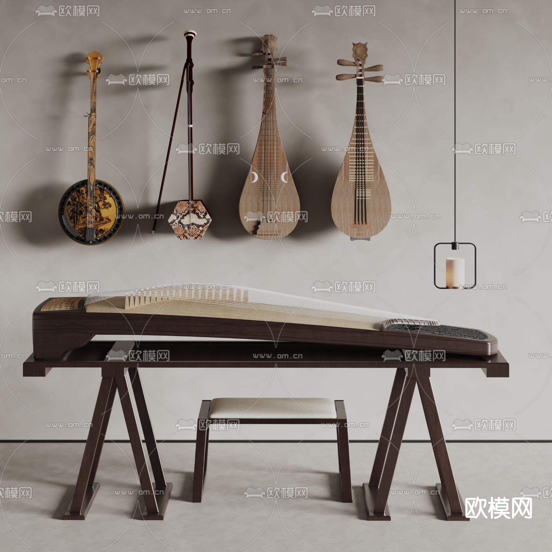 新中式古筝 琵琶 吊灯 古琴 传统乐器su模型下载（渲染图2）