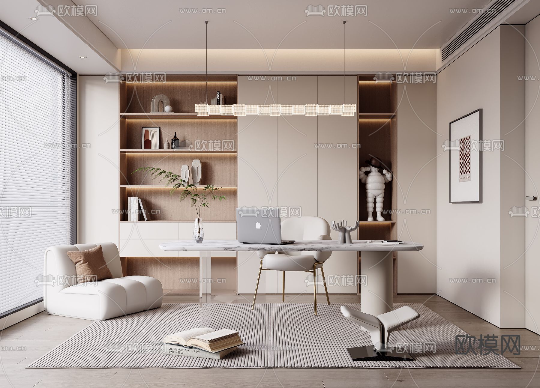 奶油风书房 学习房3d模型下载