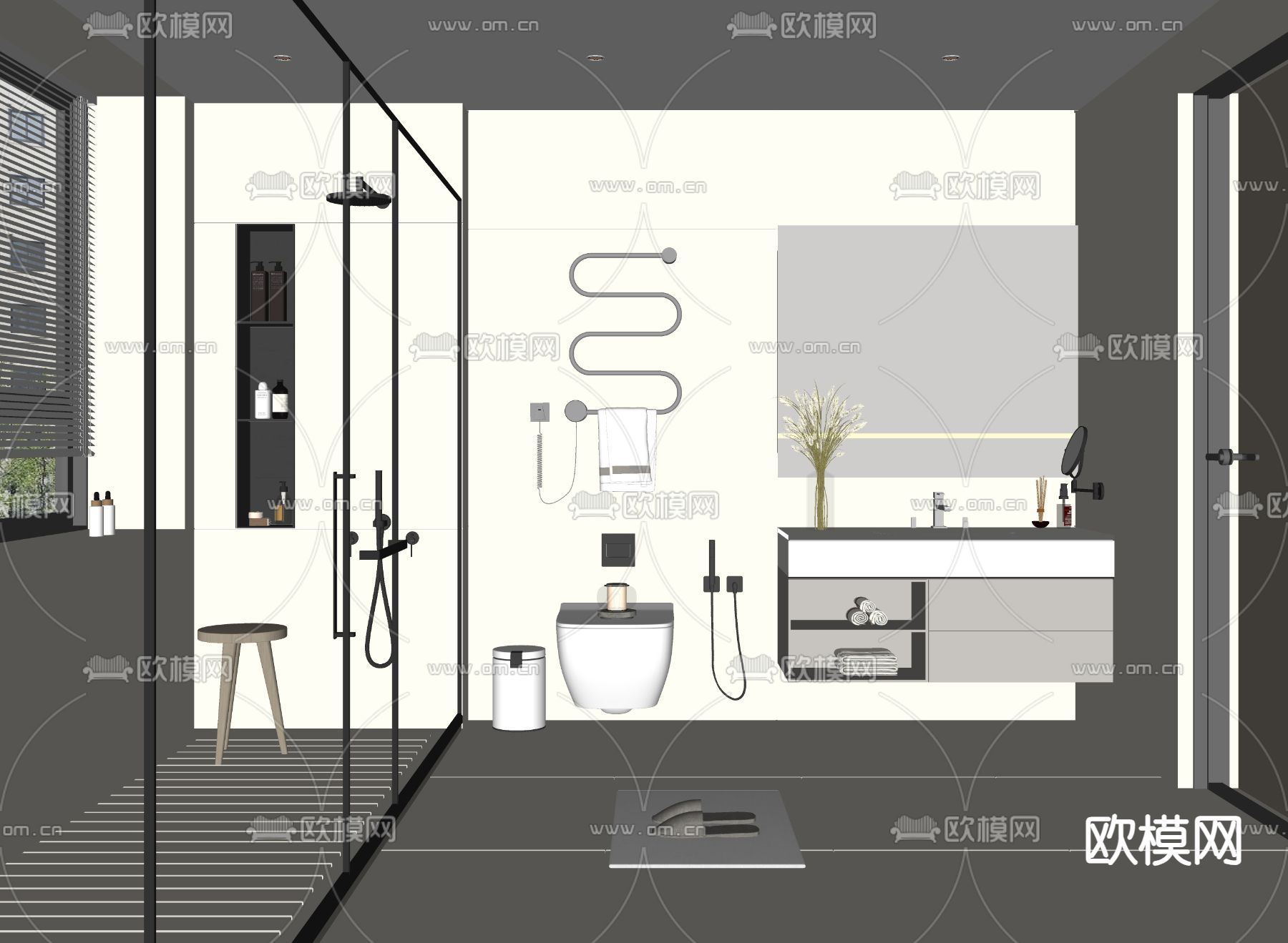 奶油风卫生间 浴室su模型下载（渲染图1）