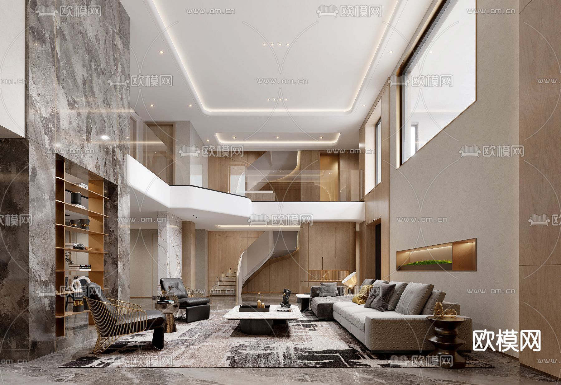 现代别墅客厅 别墅大堂3d模型下载（渲染图1）