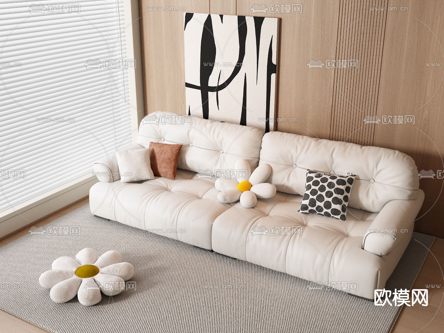 奶油风双人沙发su模型下载（渲染图2）