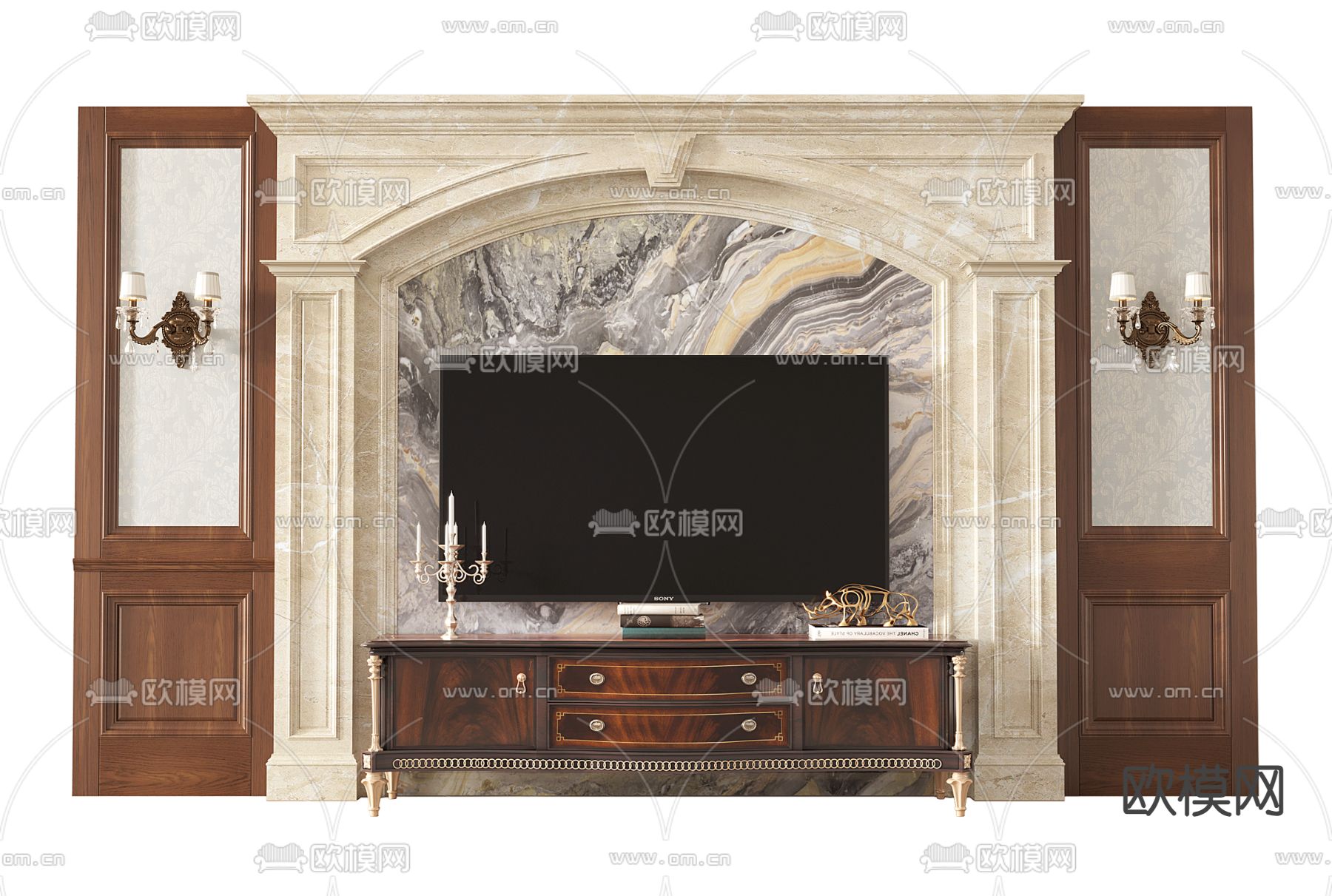 美式电视背景墙su模型下载（渲染图2）