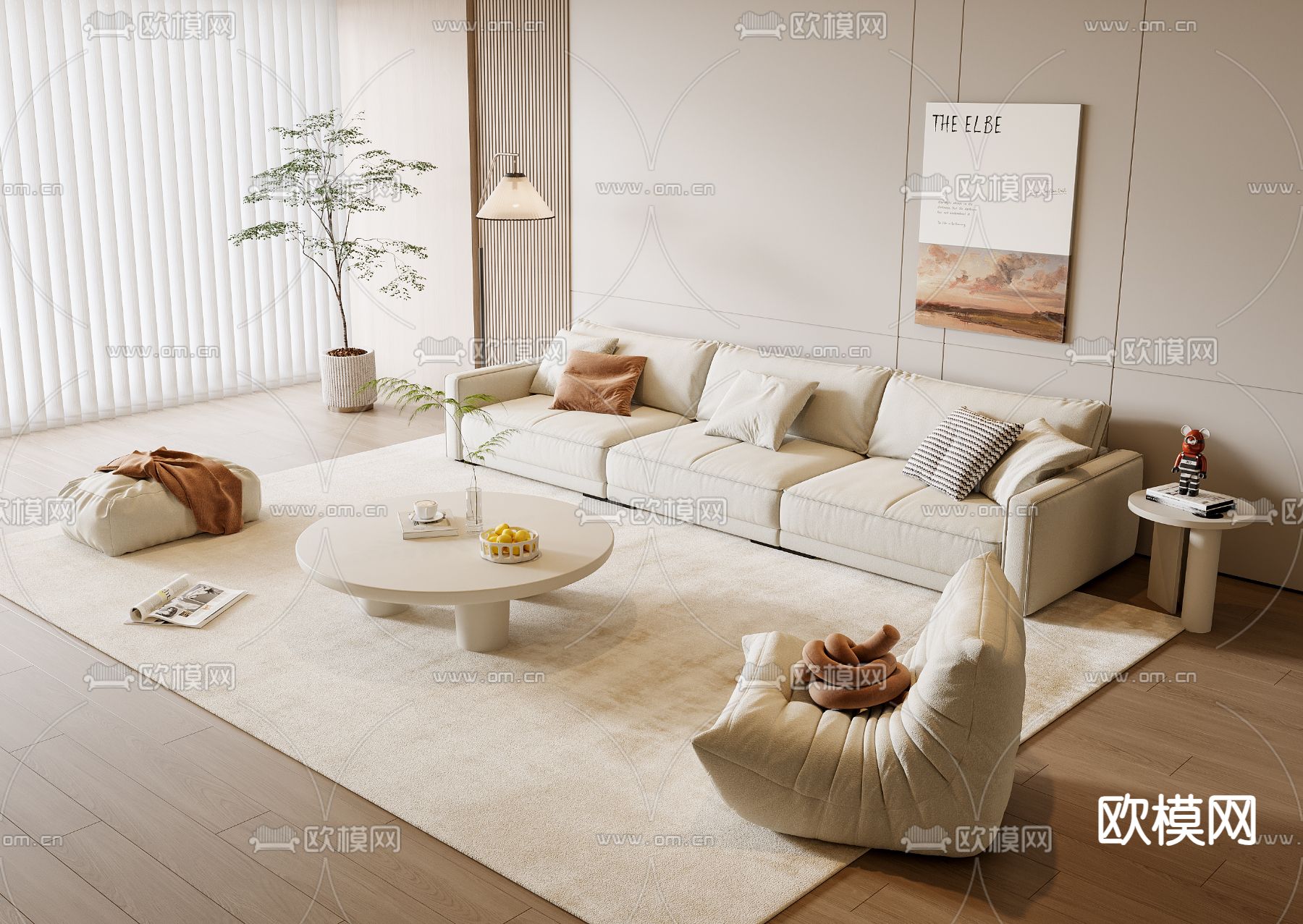 奶油风组合沙发su模型下载（渲染图2）