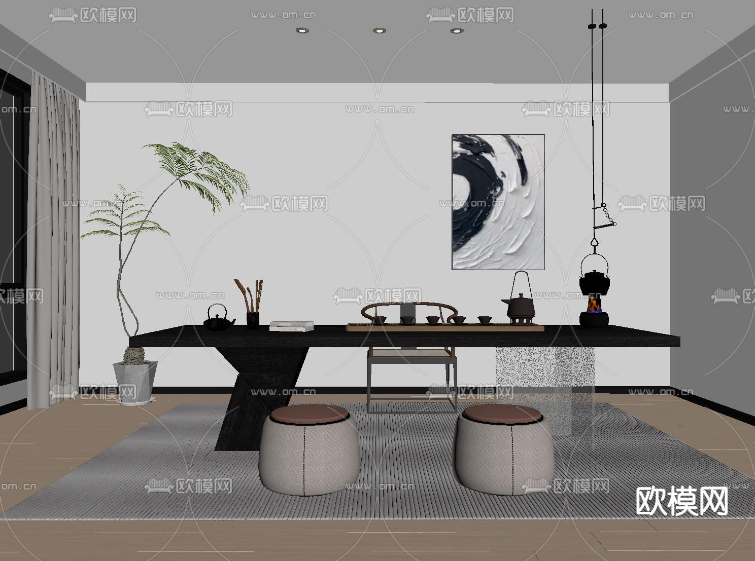 新中式茶室su模型下载（渲染图1）