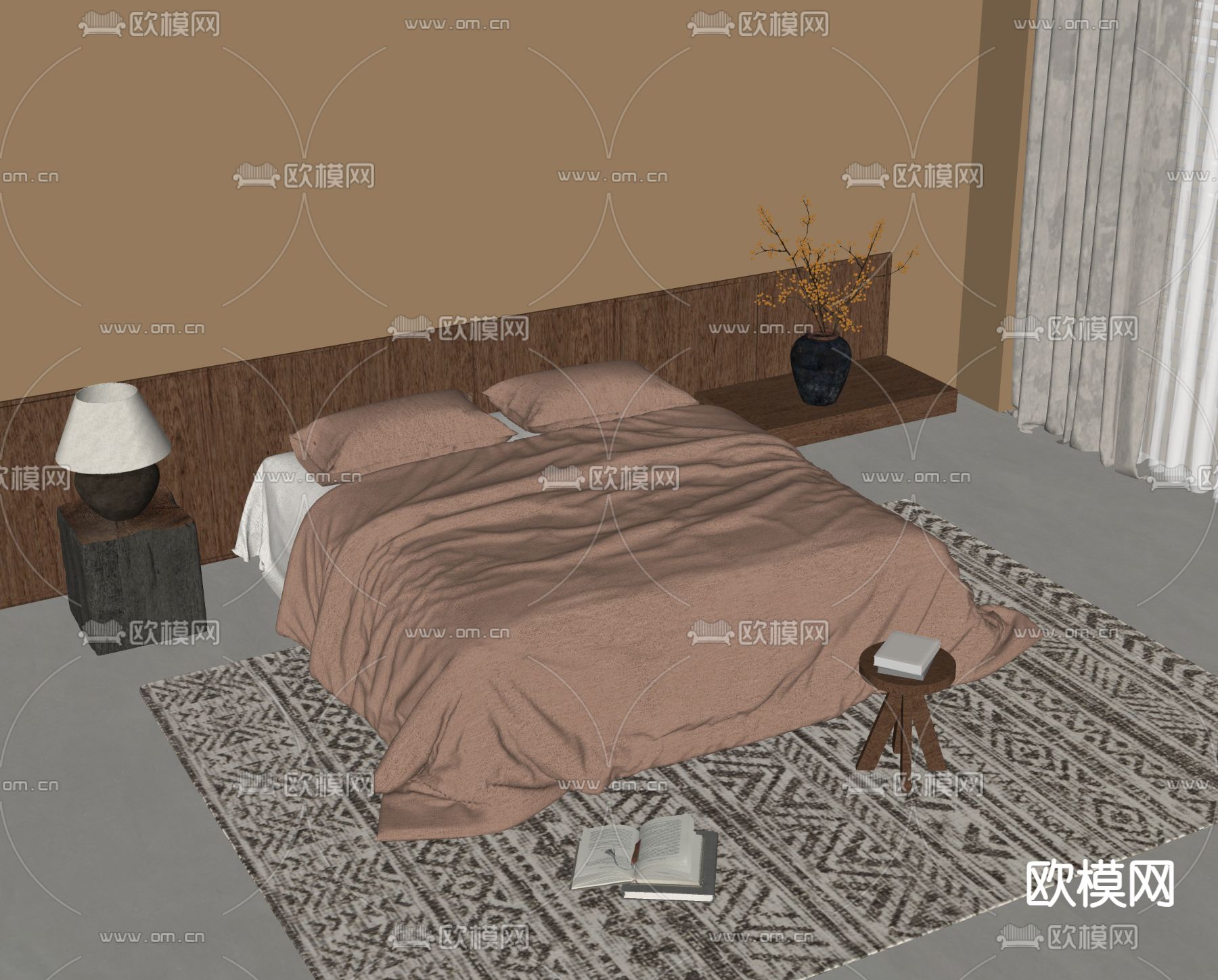 中古风双人床su模型下载（渲染图1）