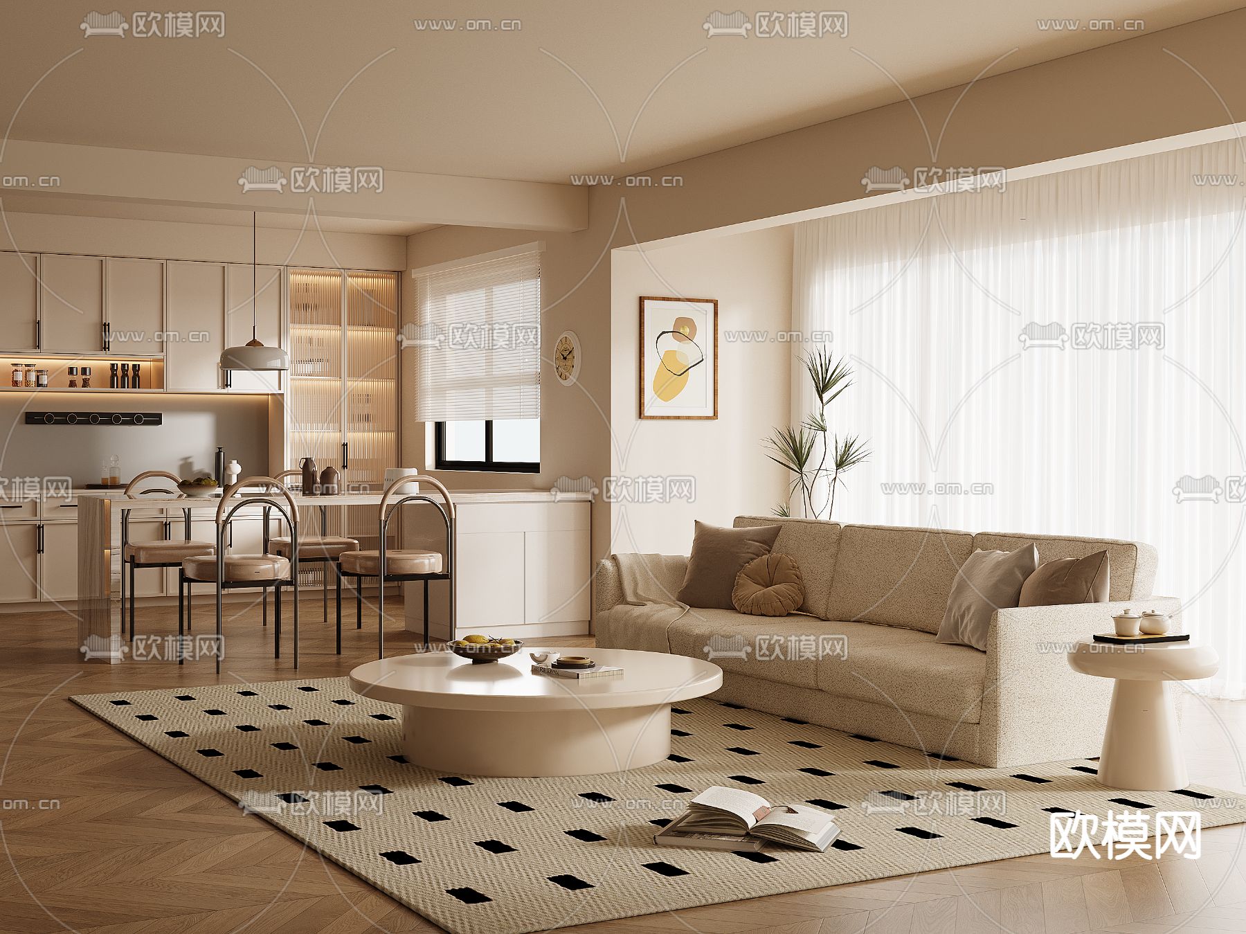 奶油风客餐厅3d模型下载