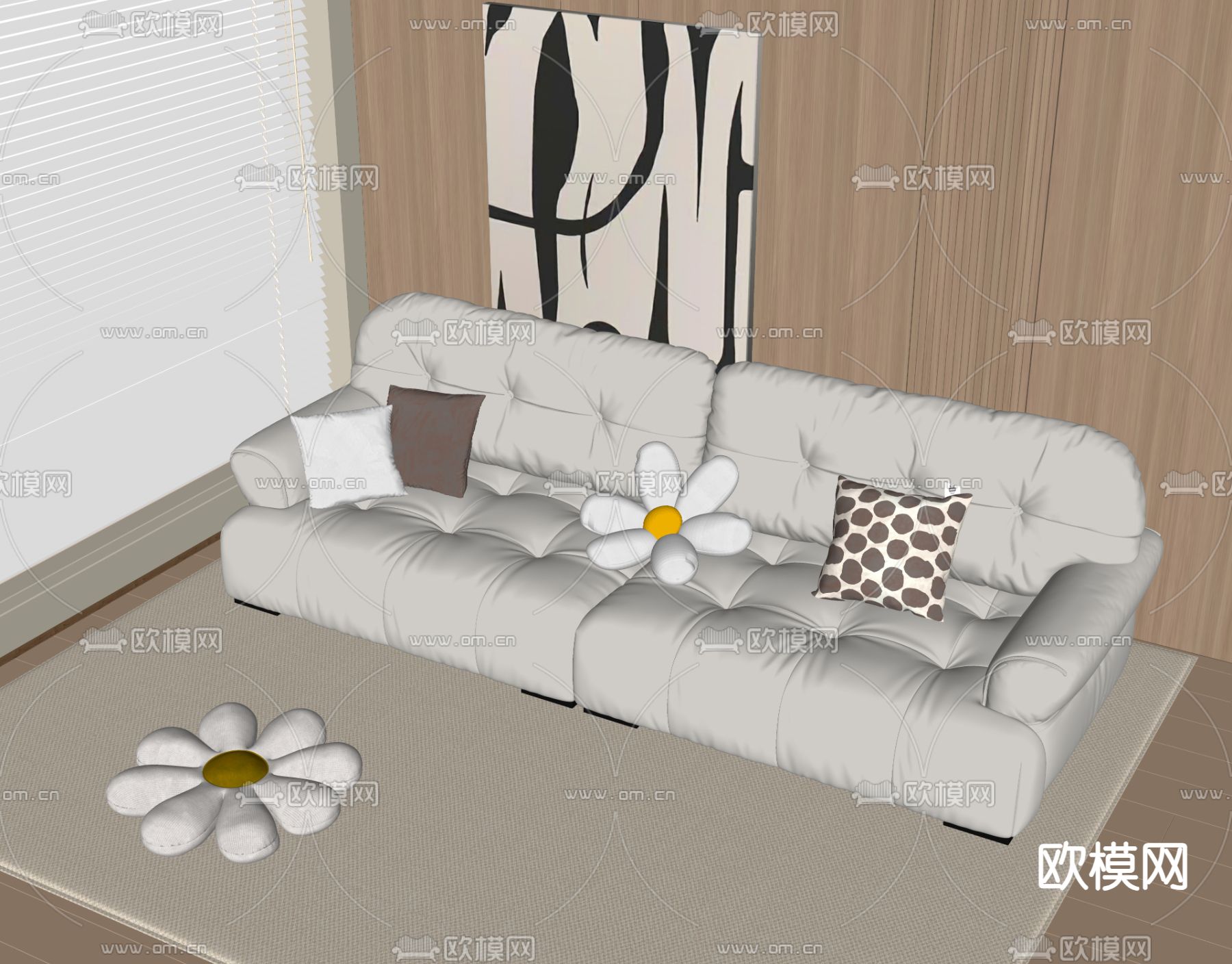 奶油风双人沙发su模型下载（渲染图1）