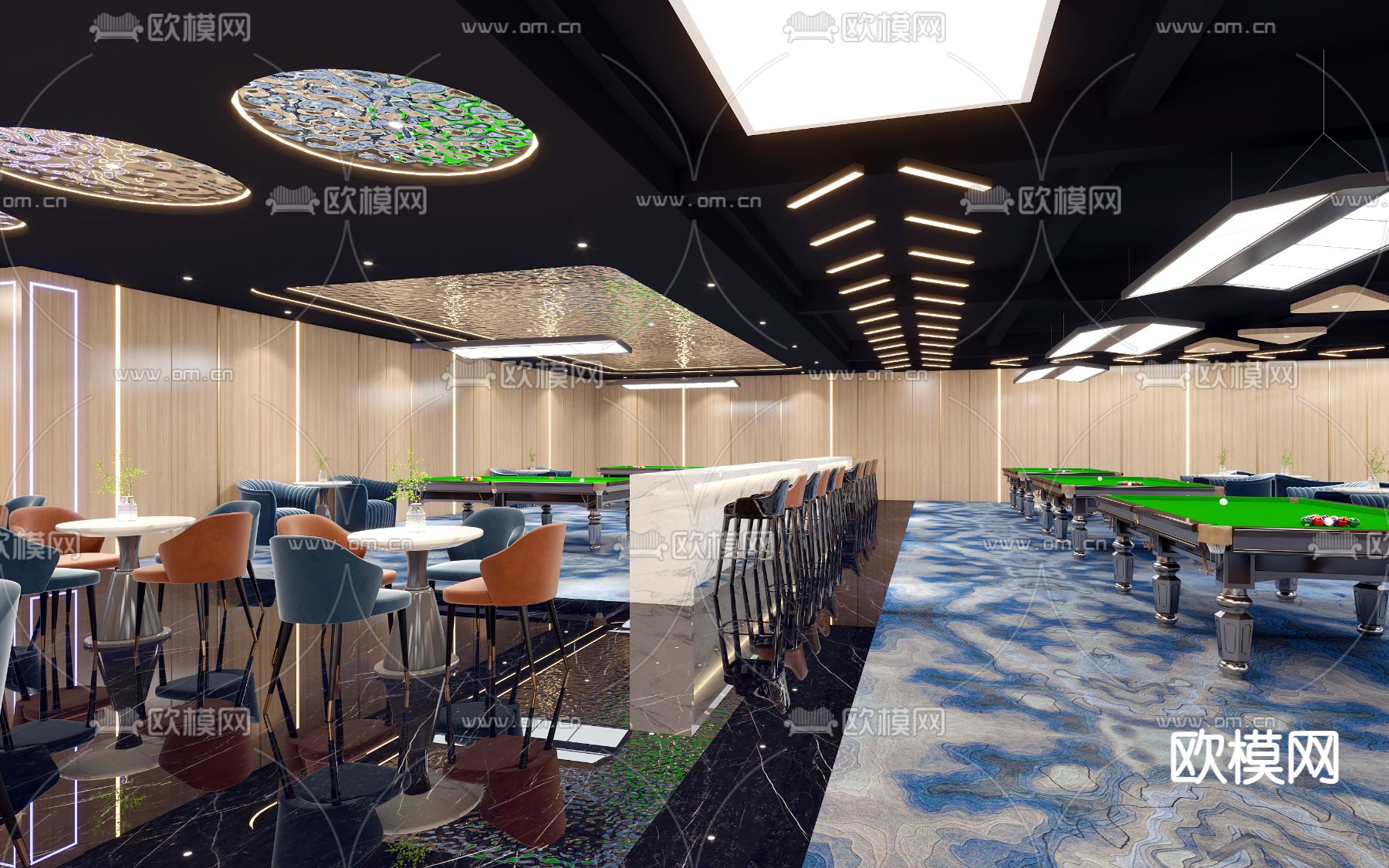 轻奢台球厅 水吧台 台球室3d模型下载（渲染图1）