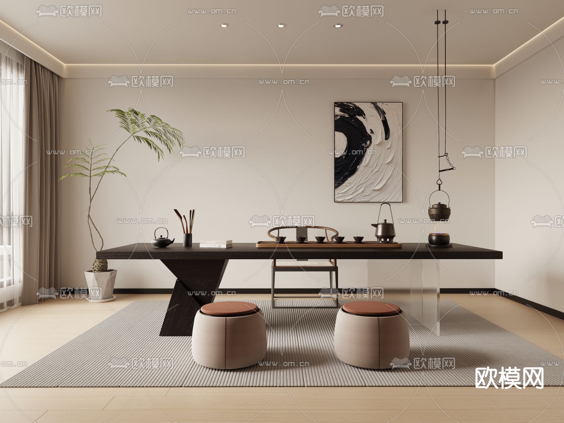 新中式茶室su模型下载（渲染图2）