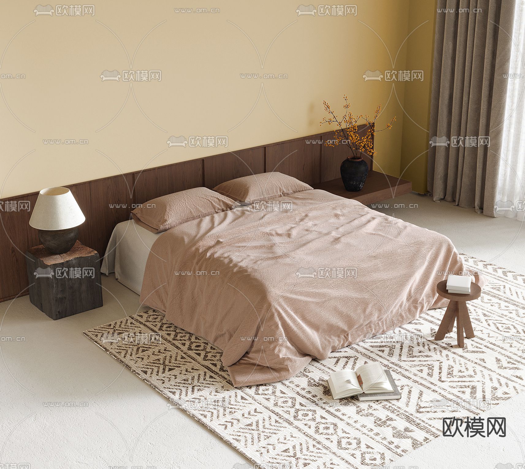 中古风双人床su模型下载（渲染图2）