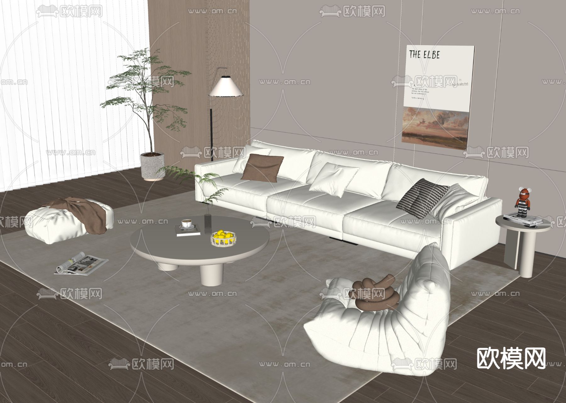 奶油风组合沙发su模型下载（渲染图1）