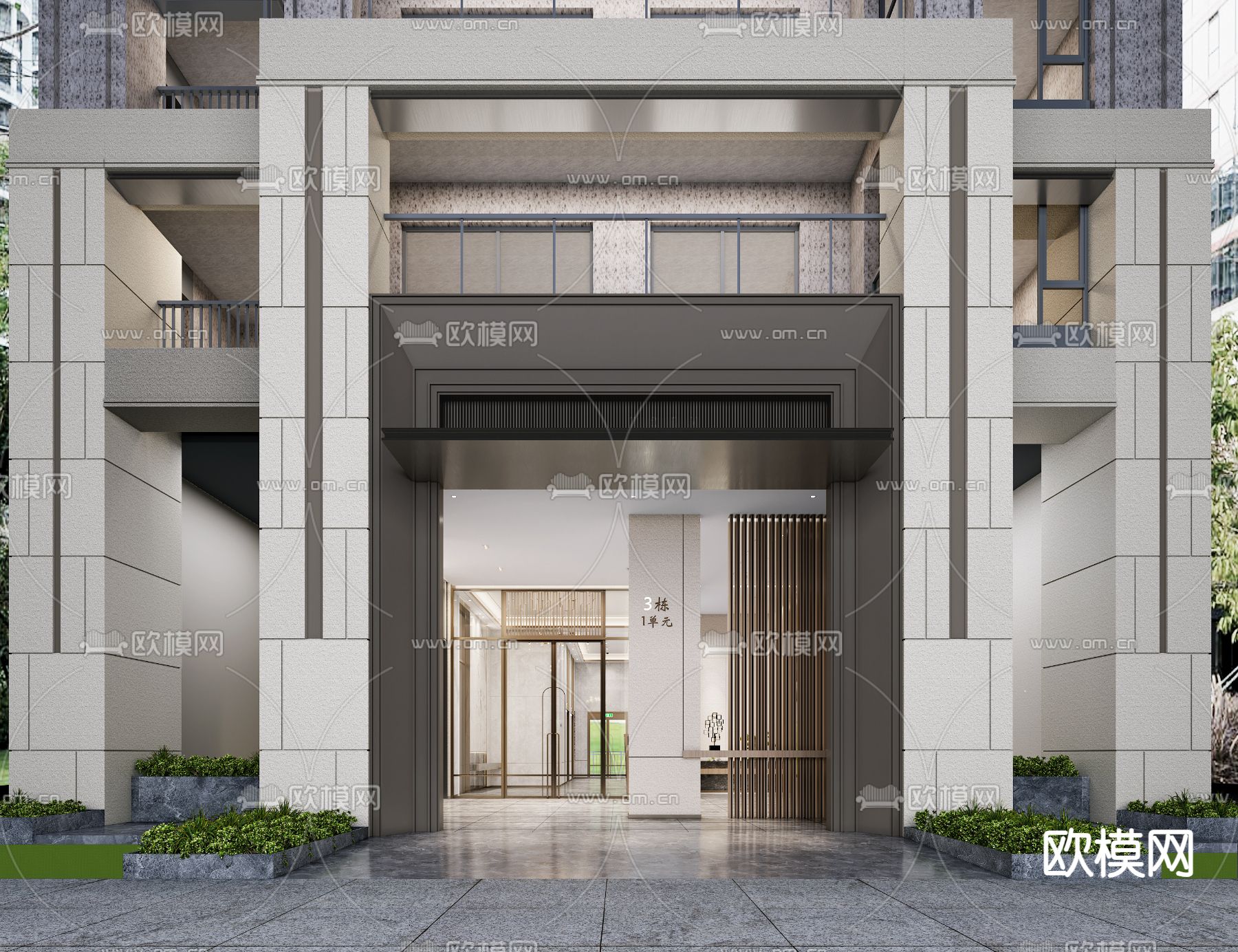 现代住宅楼 入户门头3d模型下载