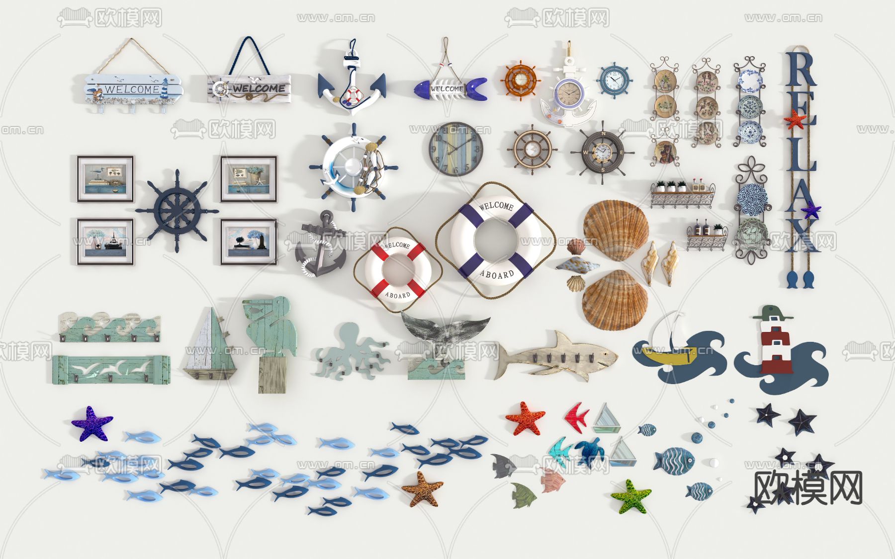 地中海装饰品 海洋墙饰 摆件 救生圈 船舵3d模型下载