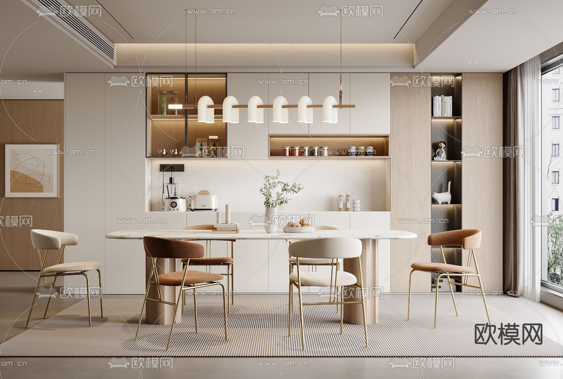 奶油风餐厅3d模型下载