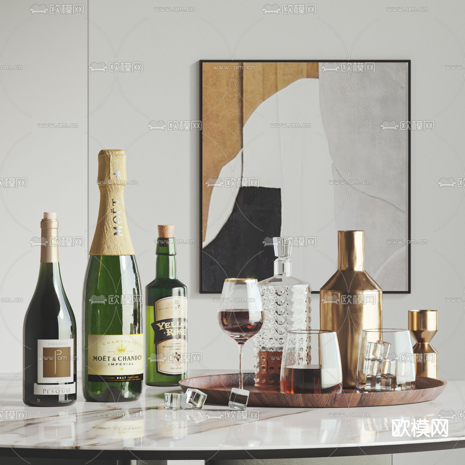 现代酒水 酒瓶 酒具摆件su模型下载（渲染图2）