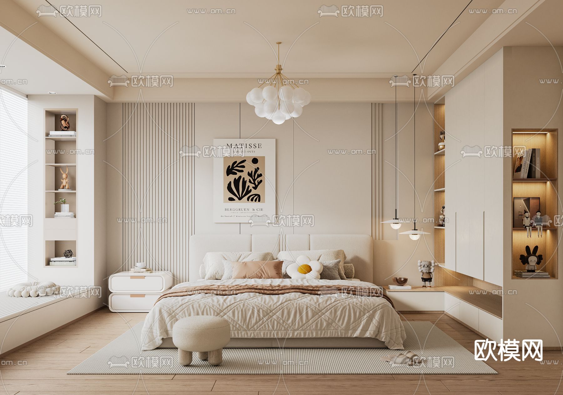奶油风卧室su模型下载（渲染图2）
