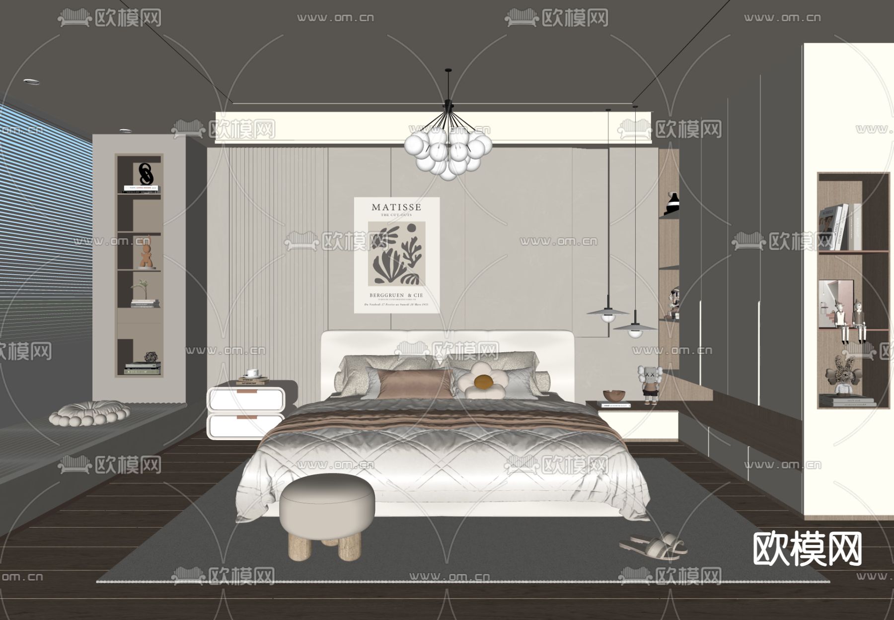 奶油风卧室su模型下载（渲染图1）