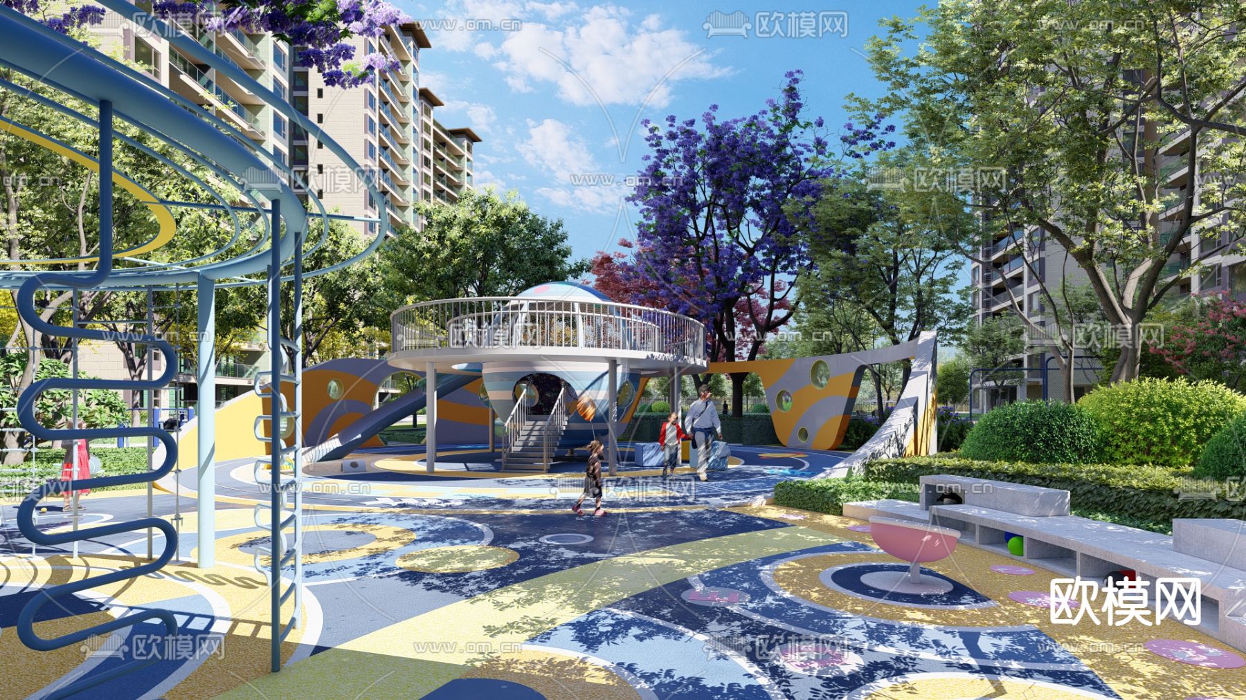 现代儿童游乐区 儿童乐园su模型下载（渲染图2）