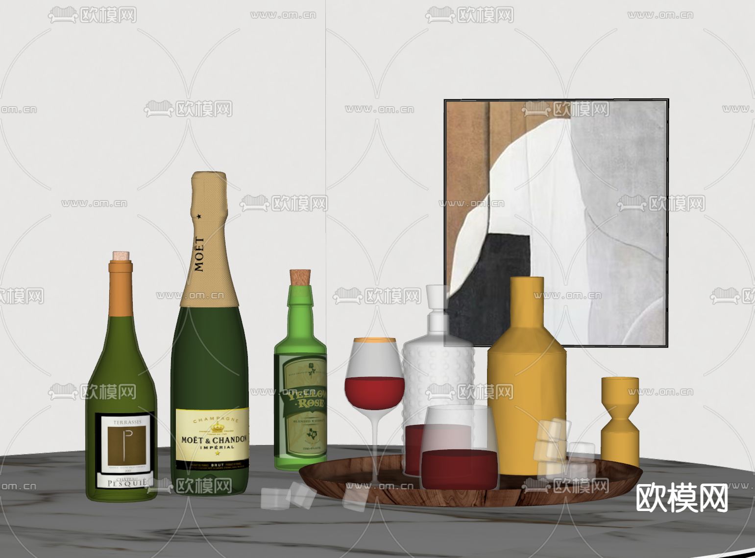 现代酒水 酒瓶 酒具摆件su模型下载（渲染图1）