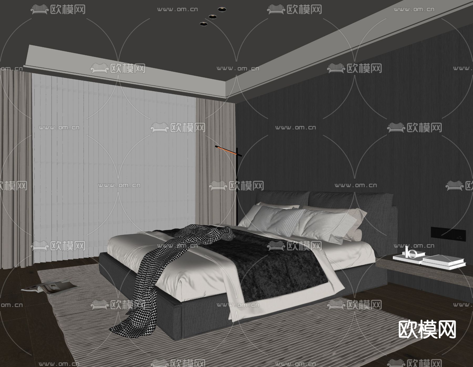 暗黑风卧室 主人房su模型下载（渲染图1）