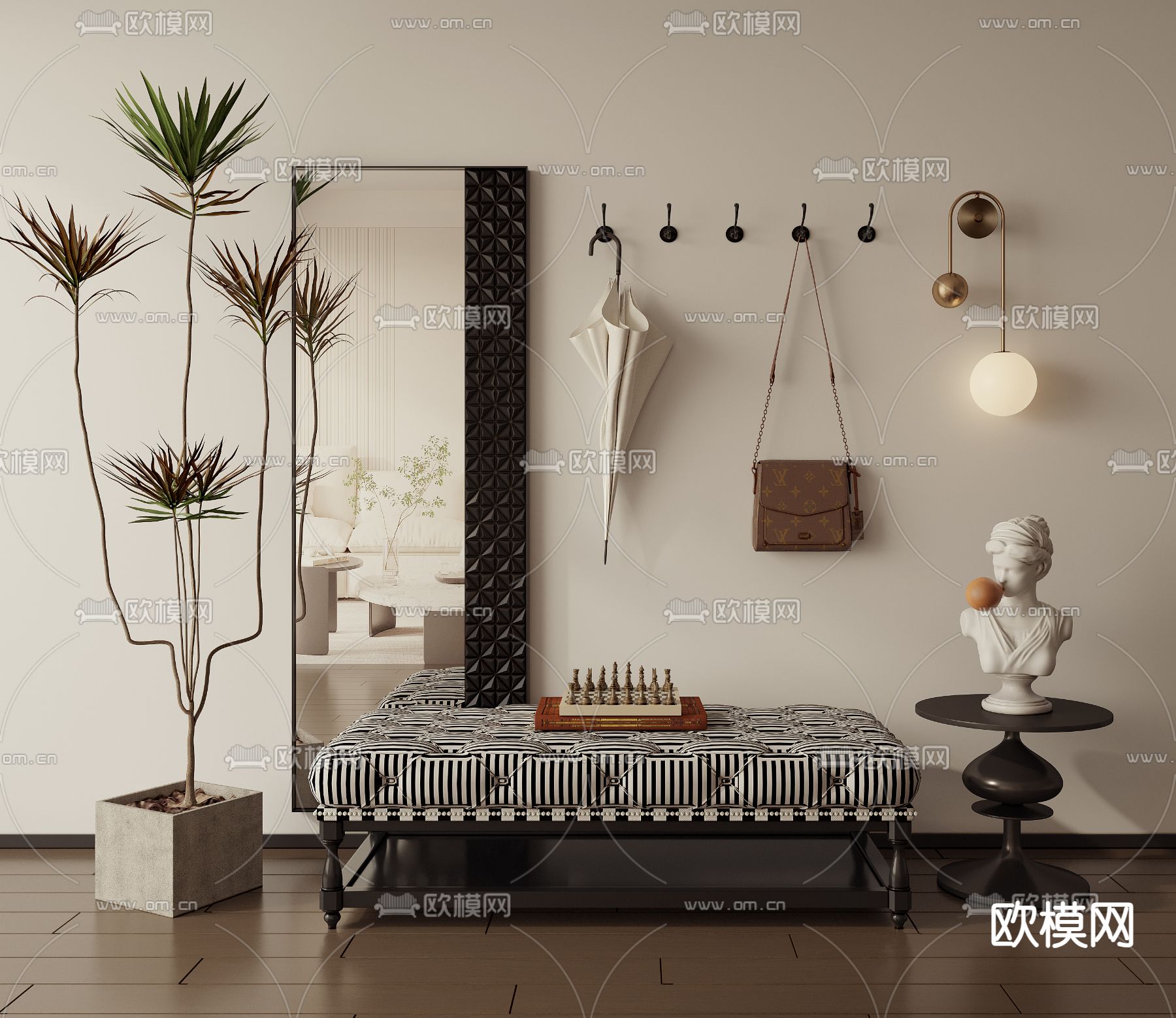 法式全身镜 换鞋凳 挂衣杆3d模型下载