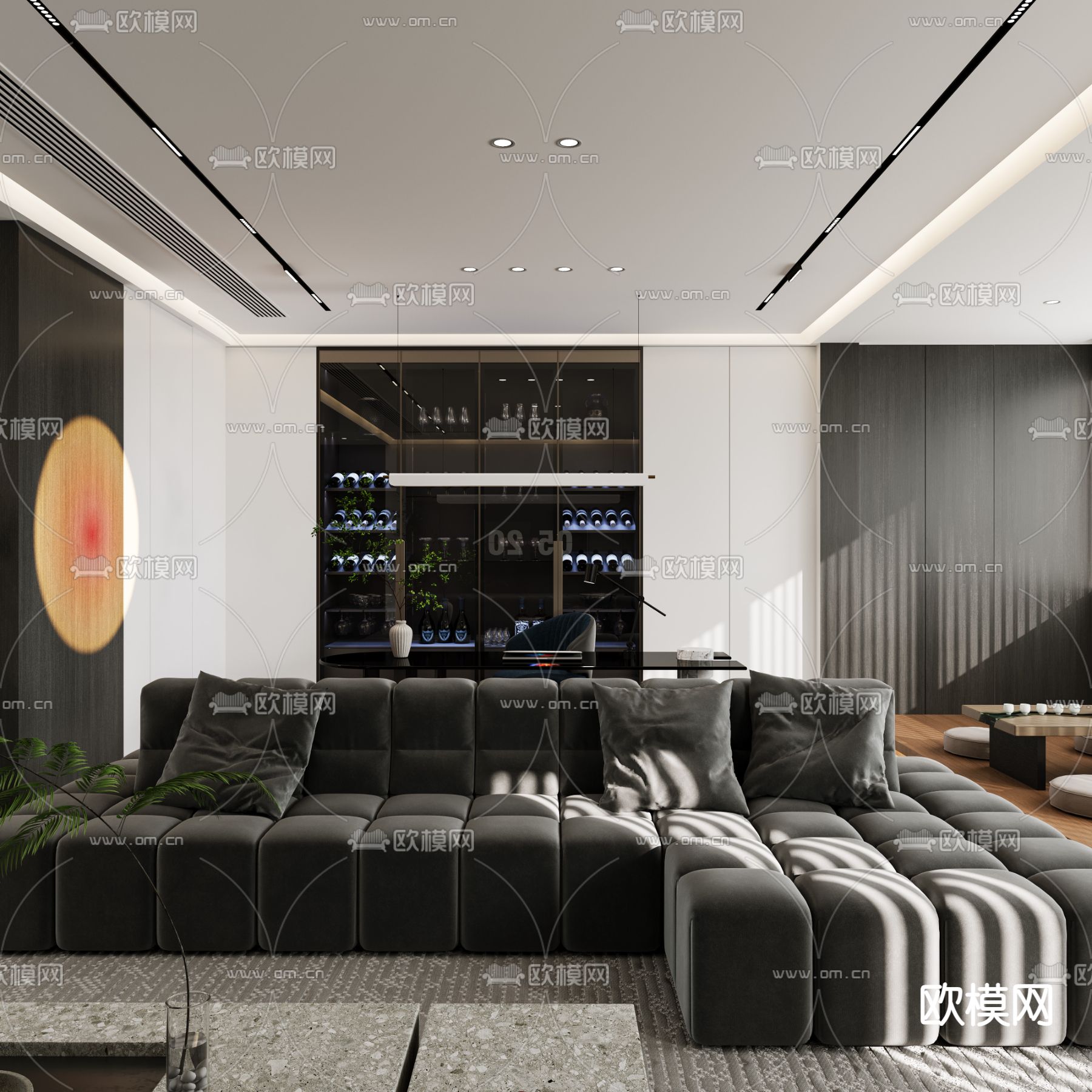 高级灰客餐厅3d模型下载（渲染图2）